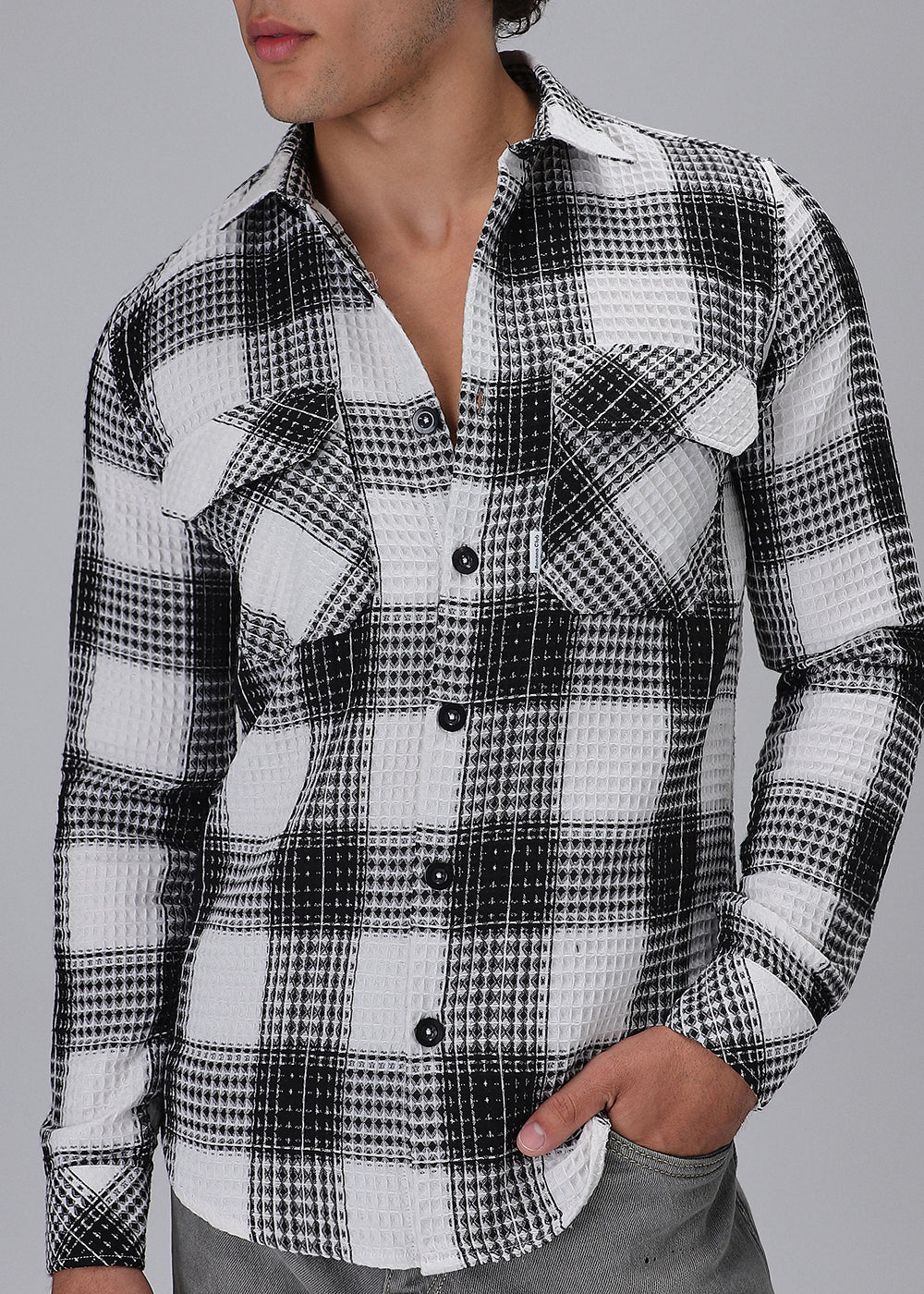 Monochrome Waffle Plaid Check Shirt