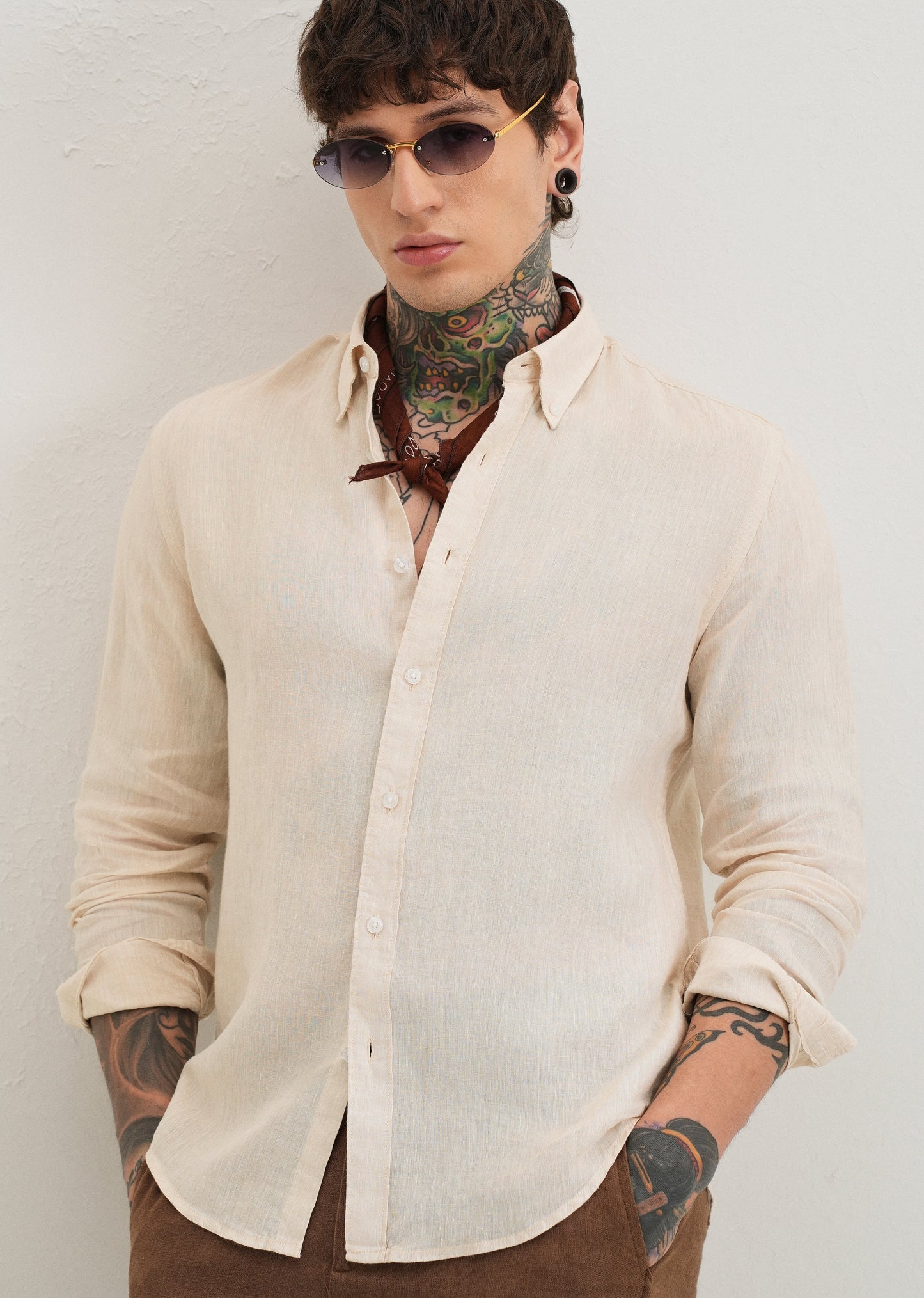100% Pure Irish Sepia Beige Linen Shirt
