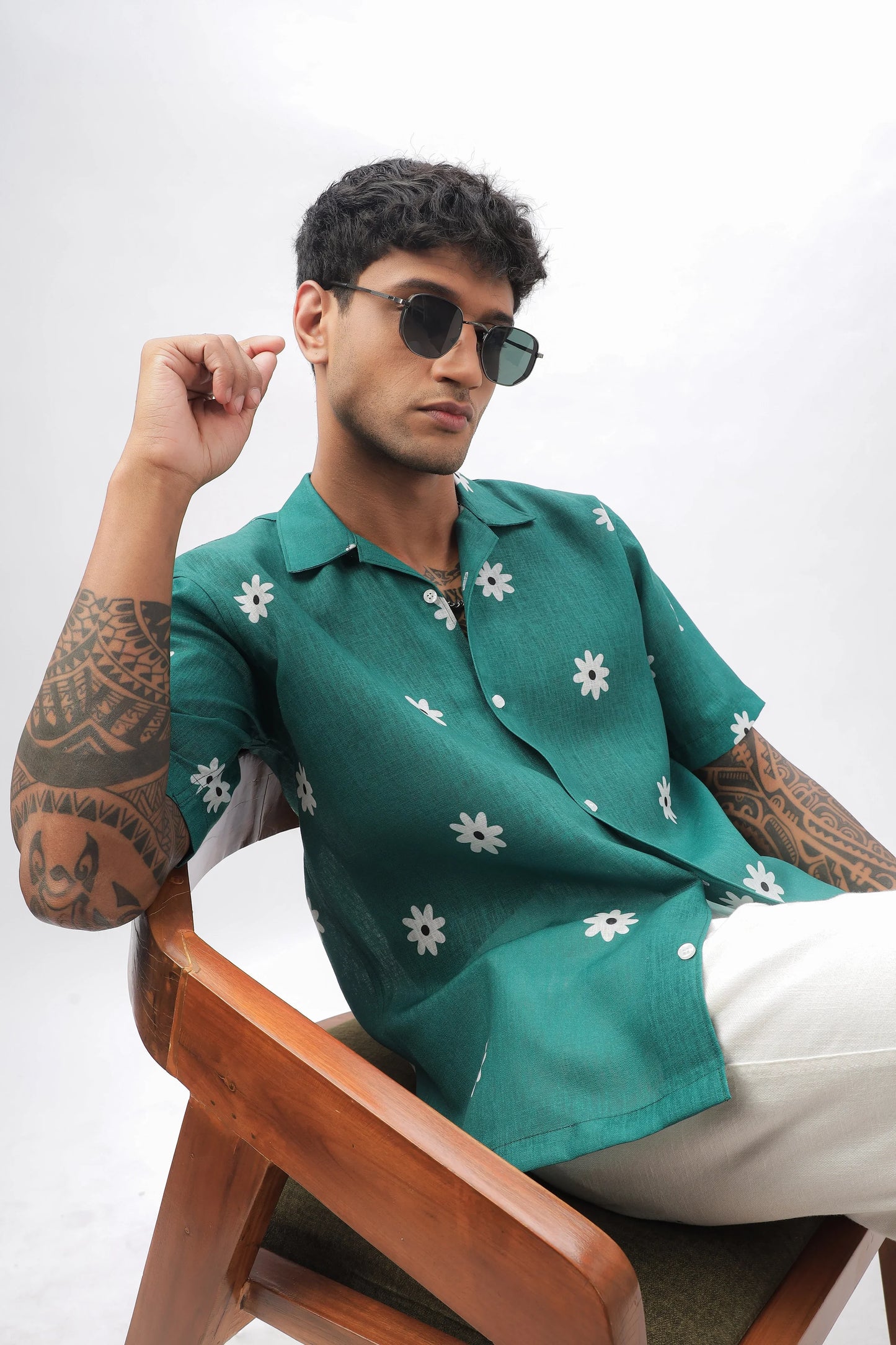 Green flower printed linen shirt