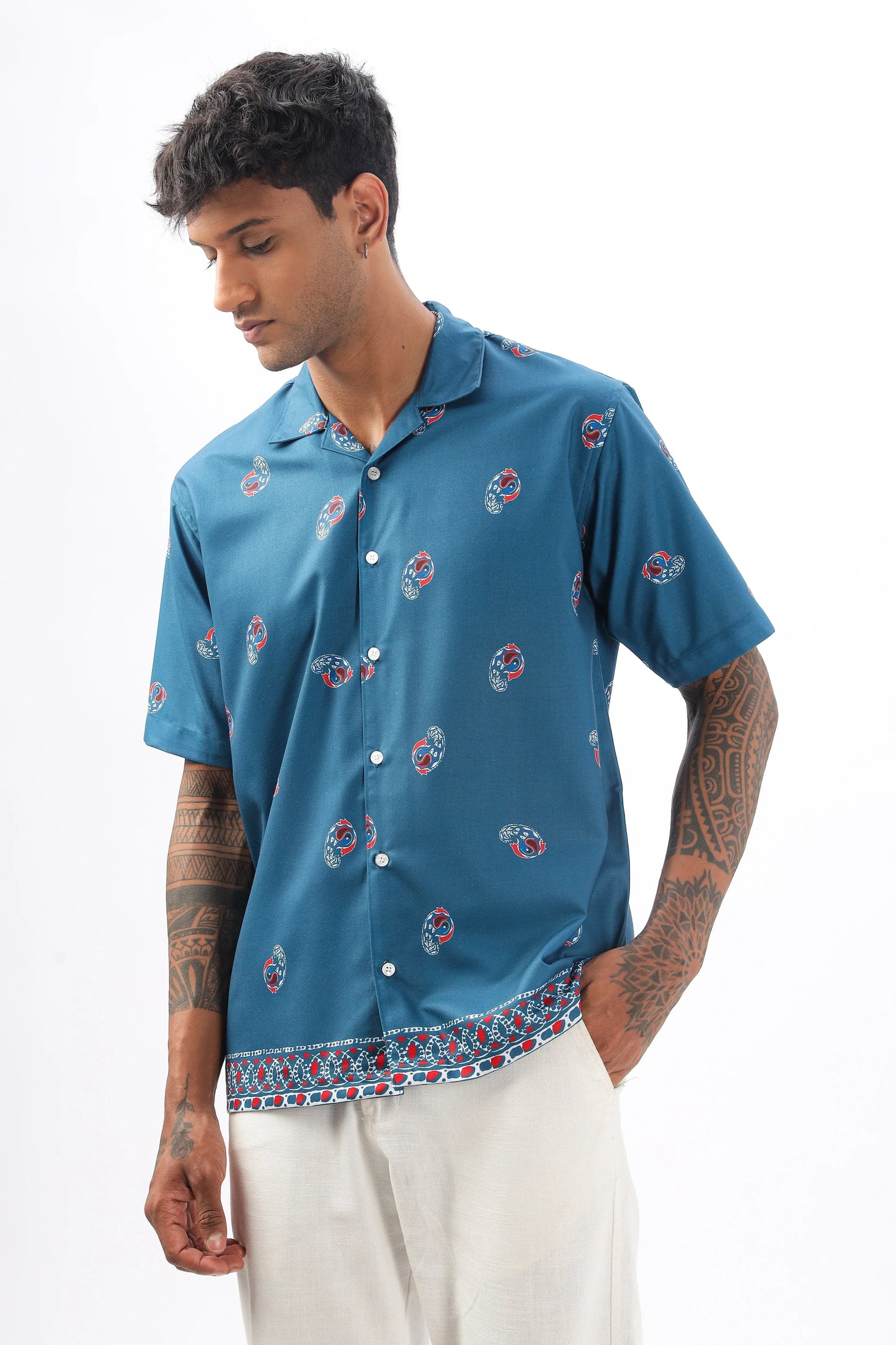 Blue paisley printed camp collar shirt