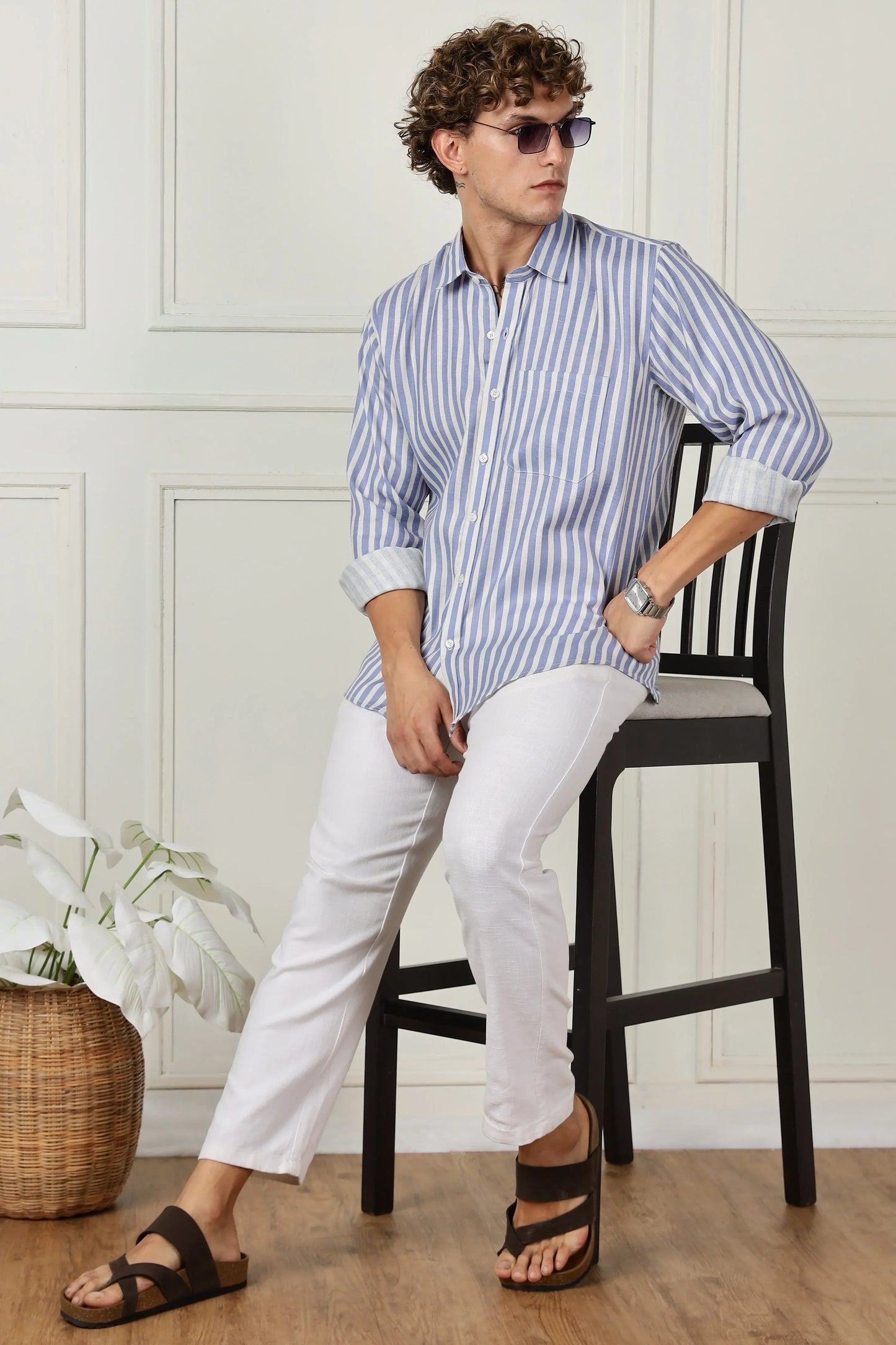 Blue stripe printed full sleeve linen shirt