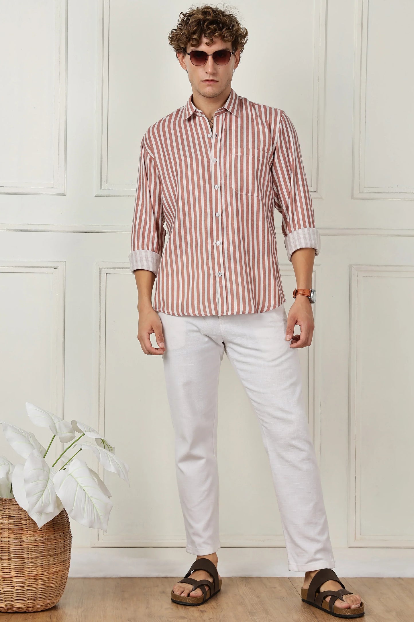 Red stripe printed full sleeve linen shirt