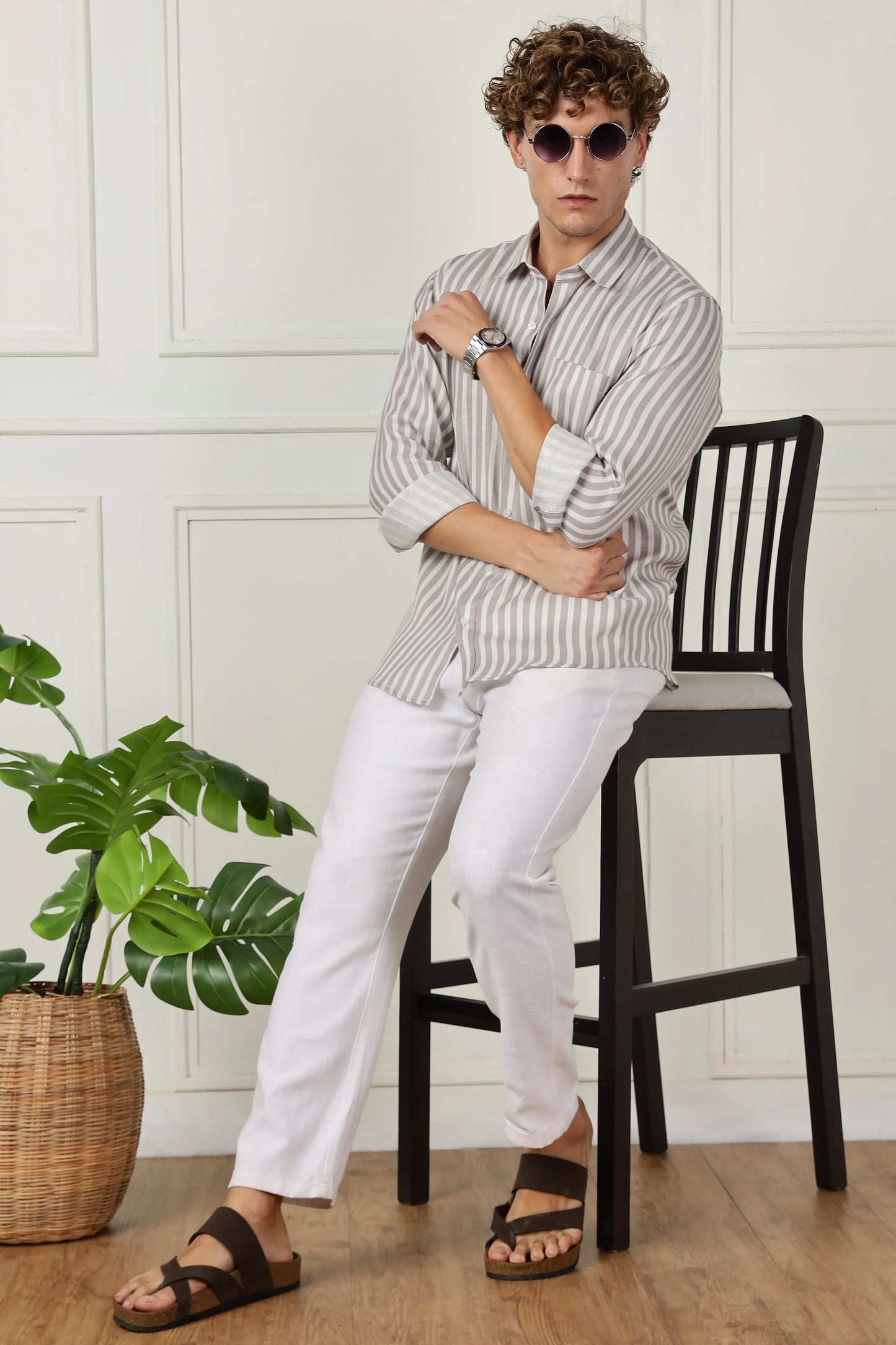 Grey stripe printed full sleeve linen shirt