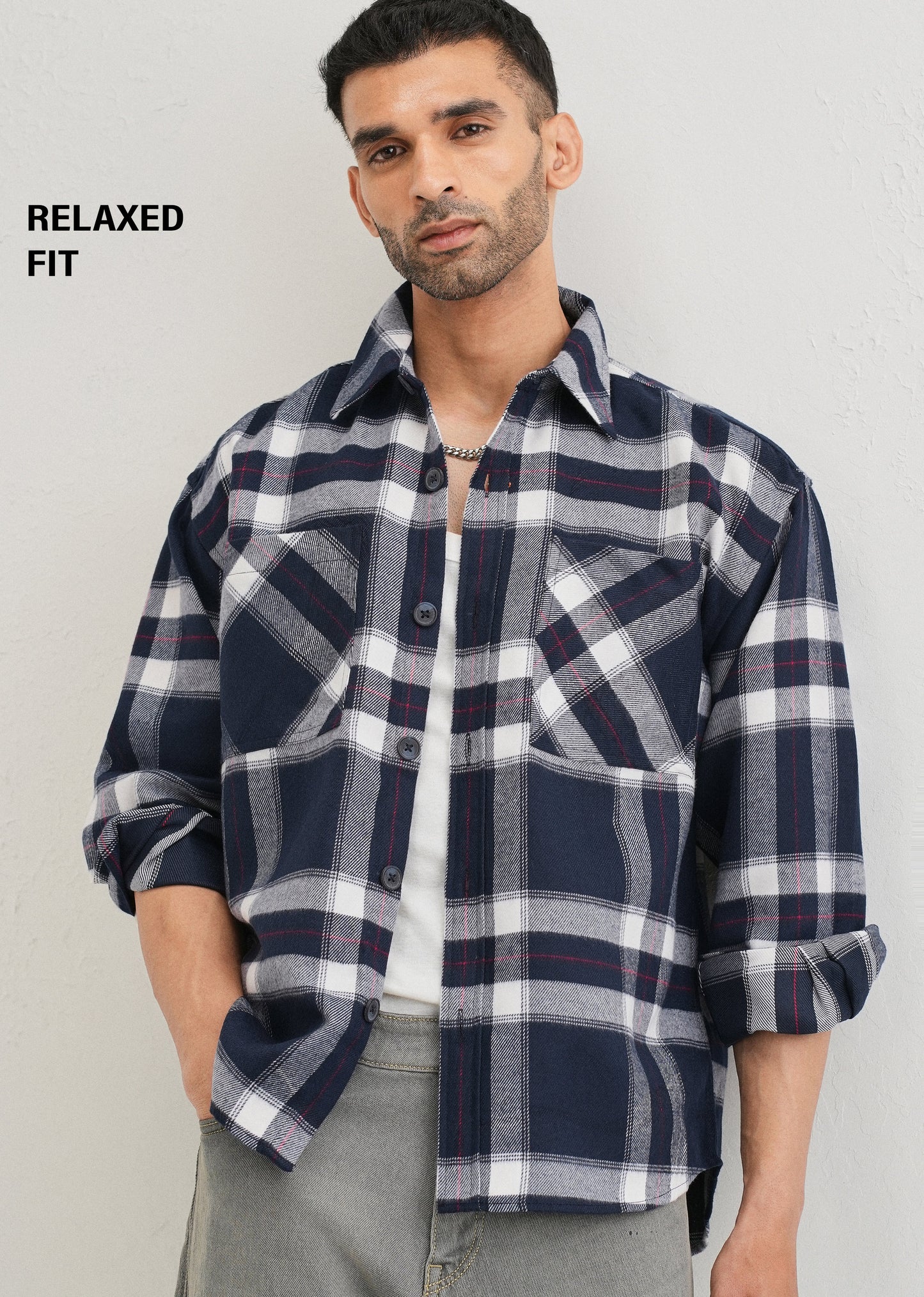 Dark Blue Checked Relaxed Fit Shacket