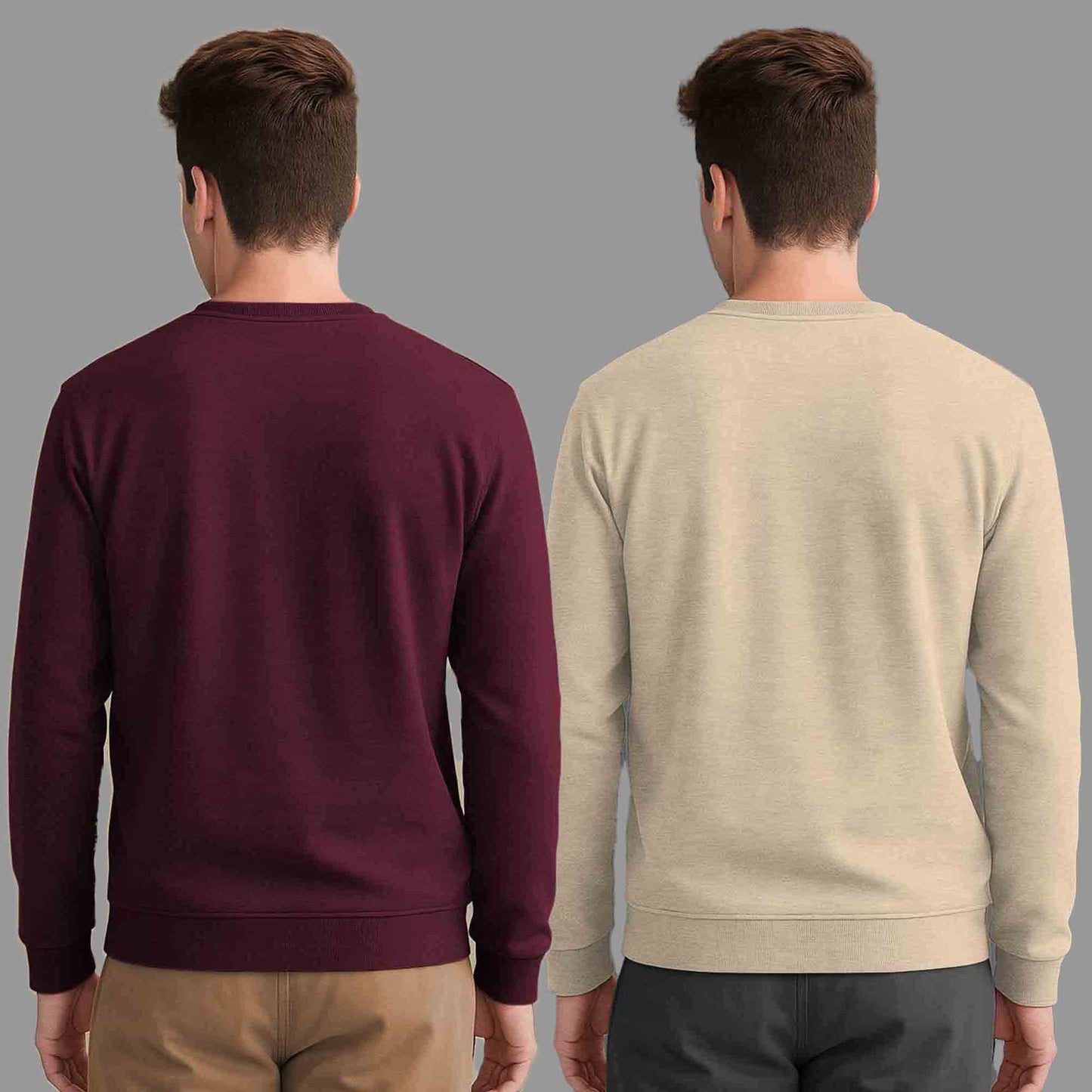 (Pack Of 2) Mens Round Neck Plain Sweatshirts Maroon & Beige