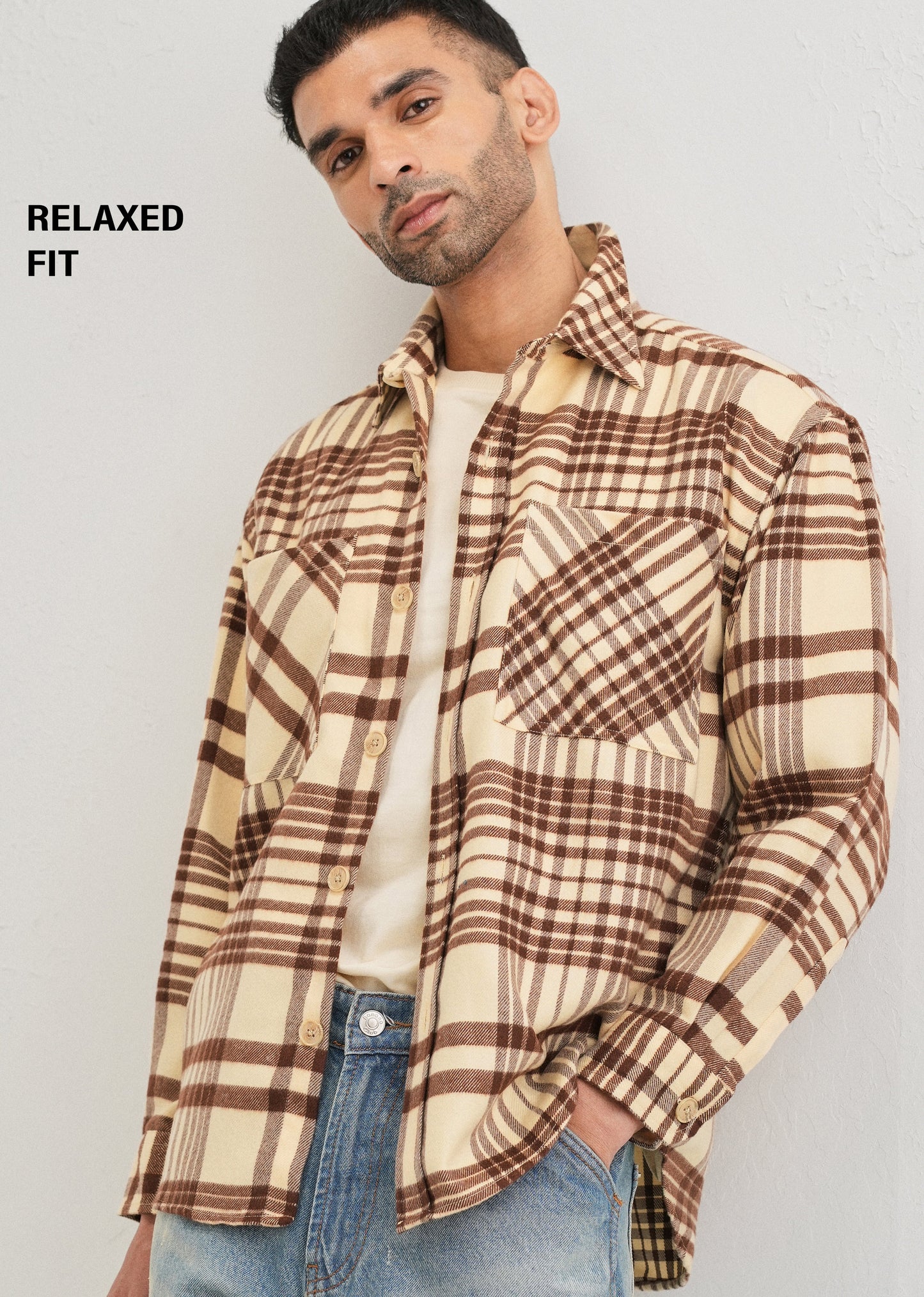 Beige Checked Relaxed Fit Shacket