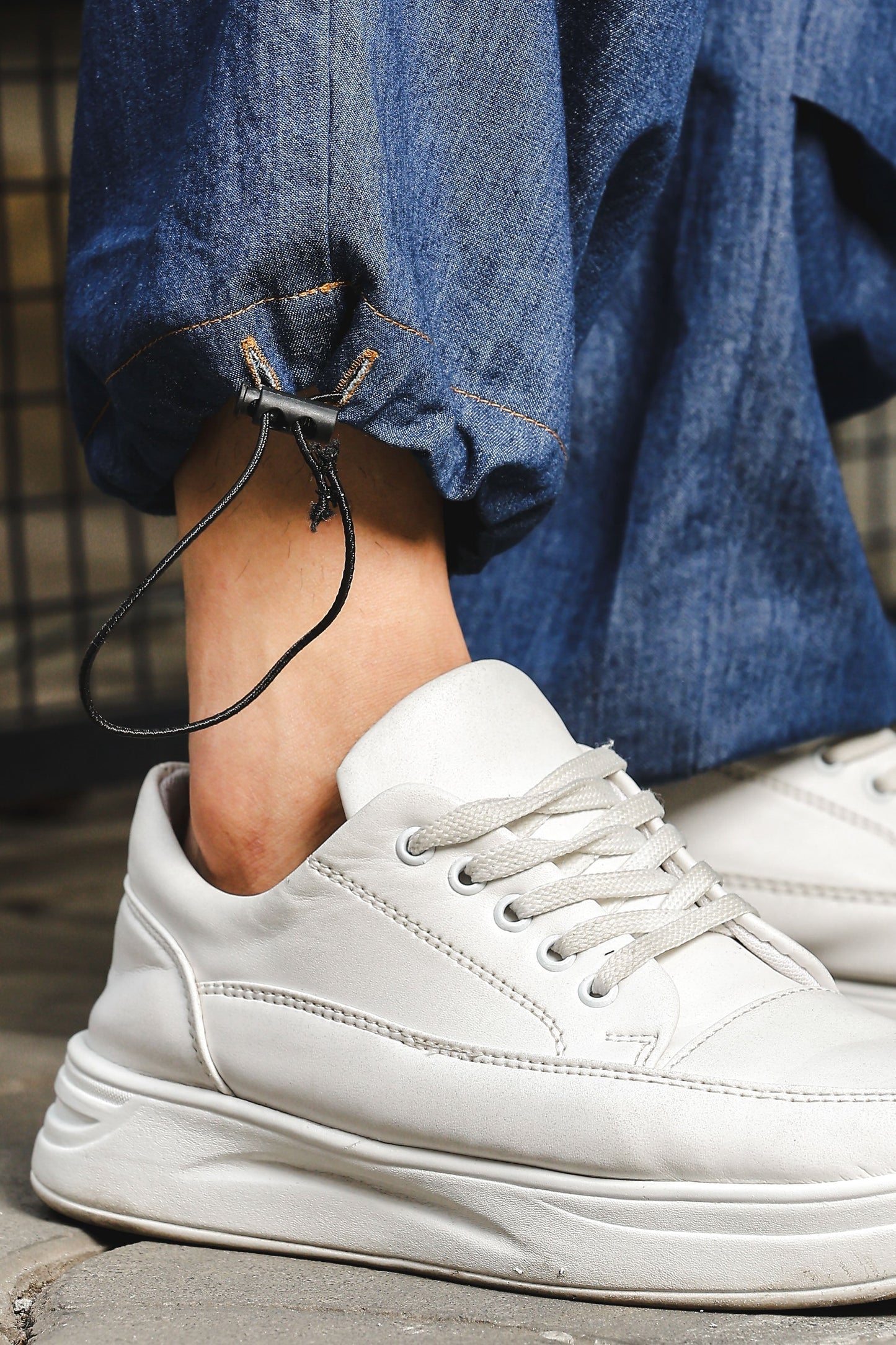 Unisex Blue Relaxed Fit Drawstring Denim Parachute Cargo