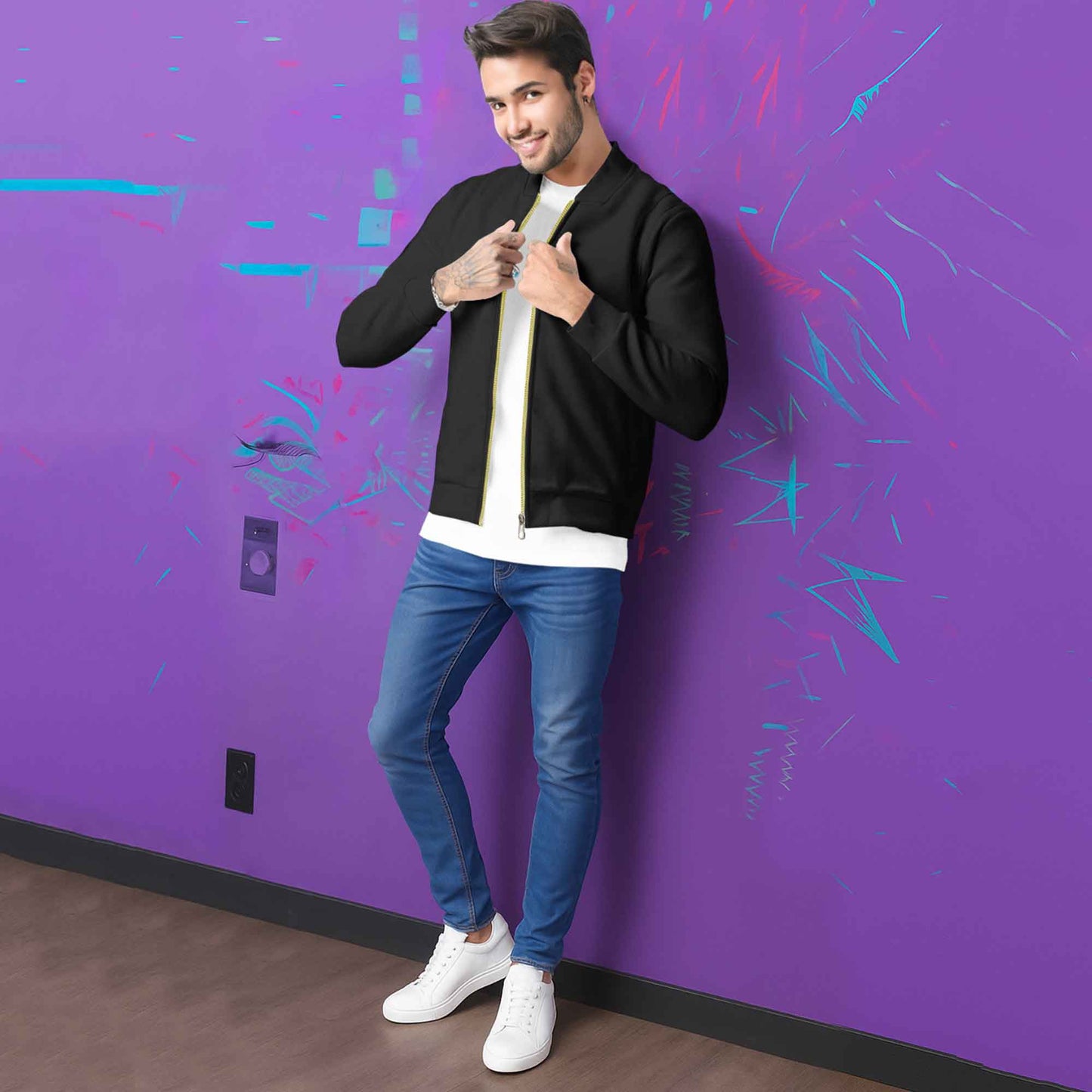 Round Neck Classic Black Zipper Jacket for Men