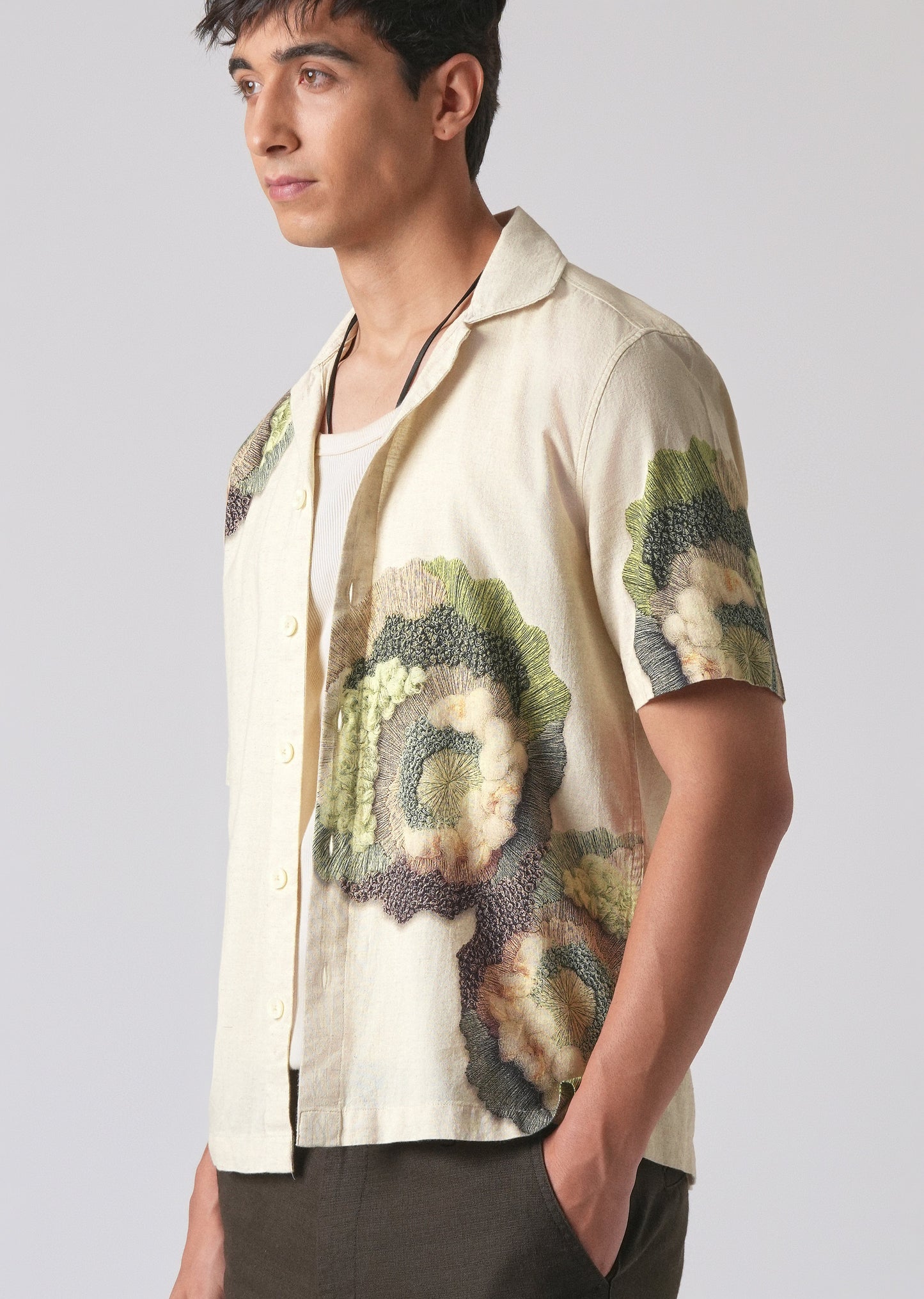 Beige Cotton/Linen Coral Print Shirt