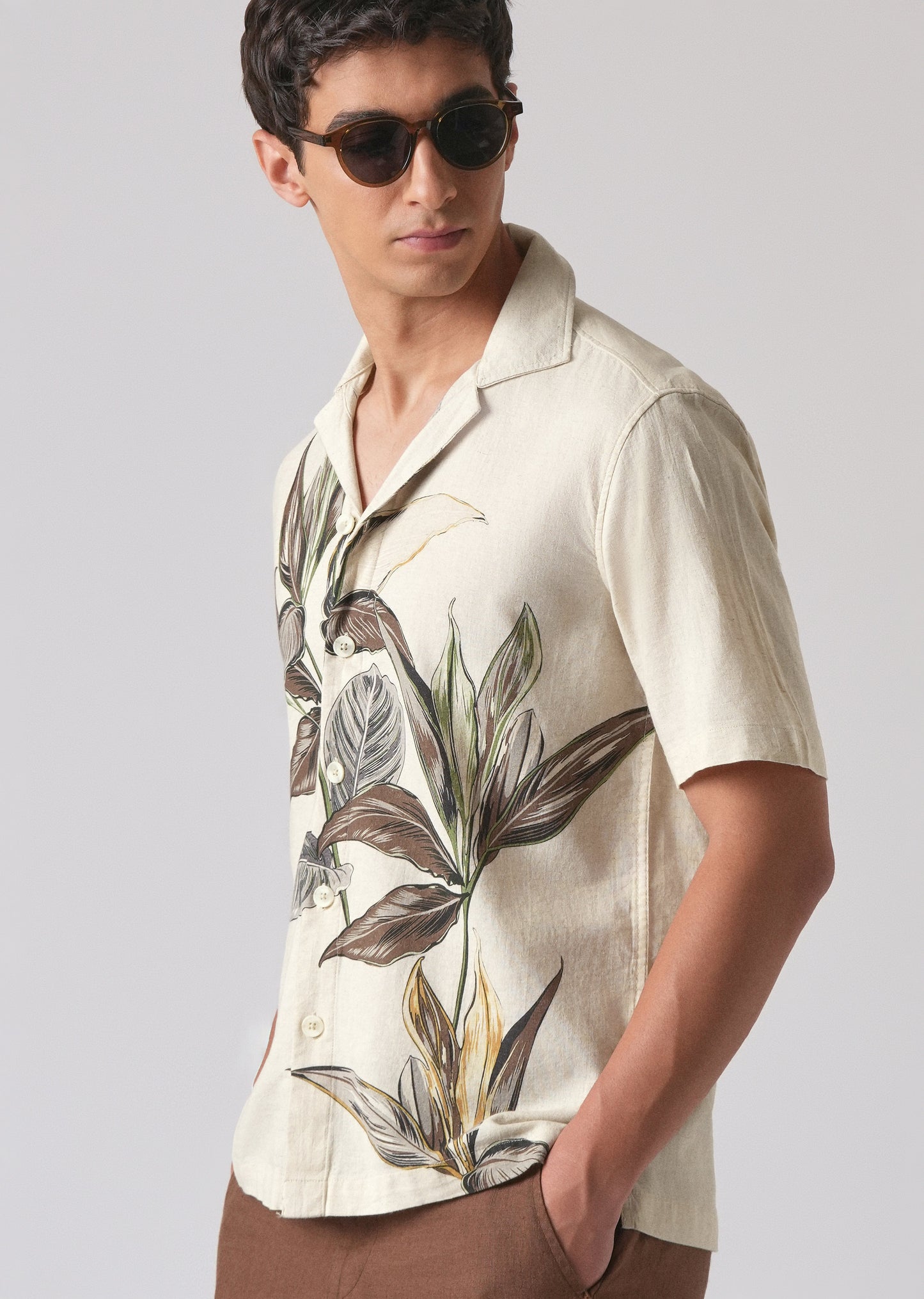 Beige Cotton/Linen Floral Print Shirt