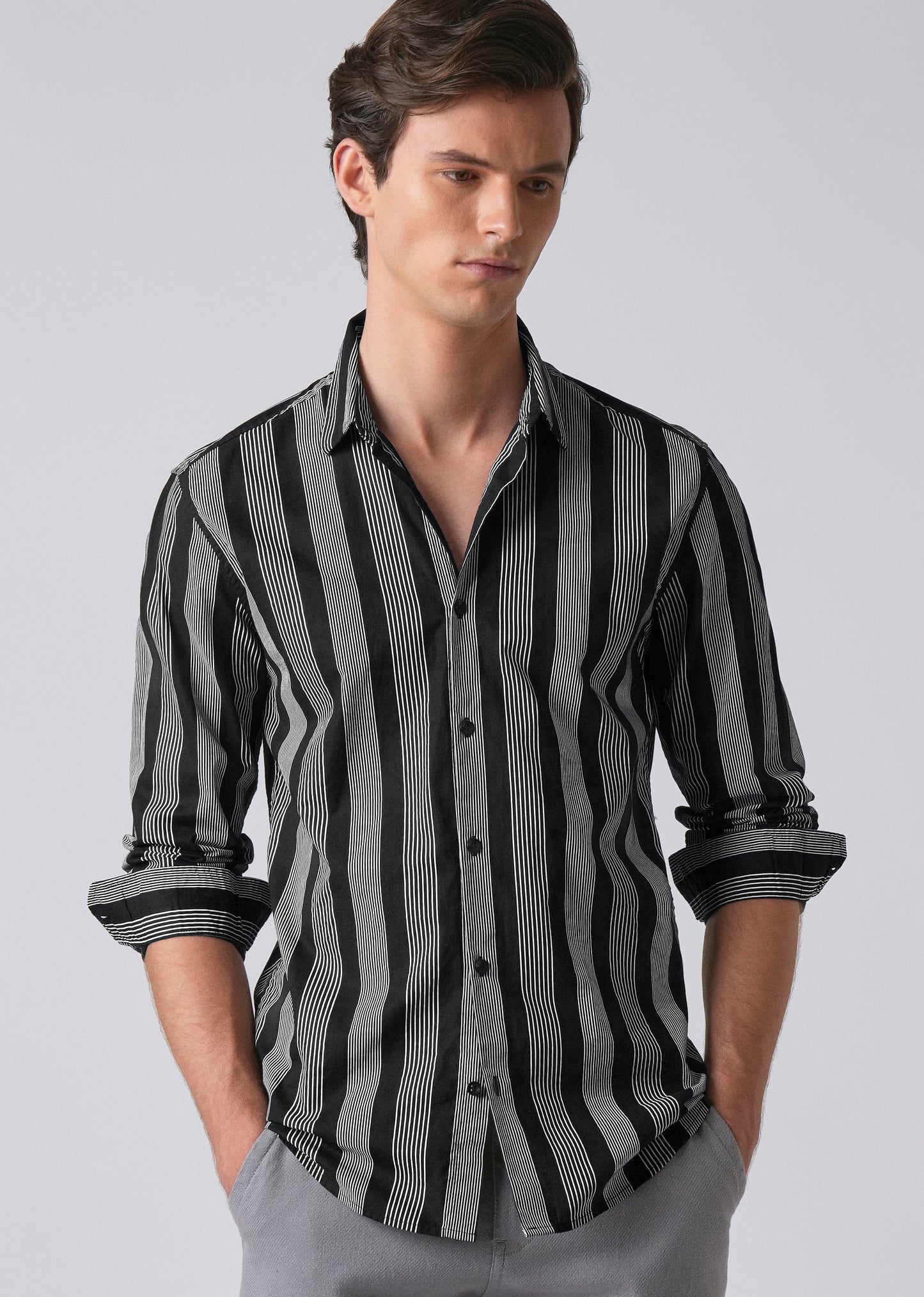Black Vertical Pin Stripe Cotton/Linen Shirt