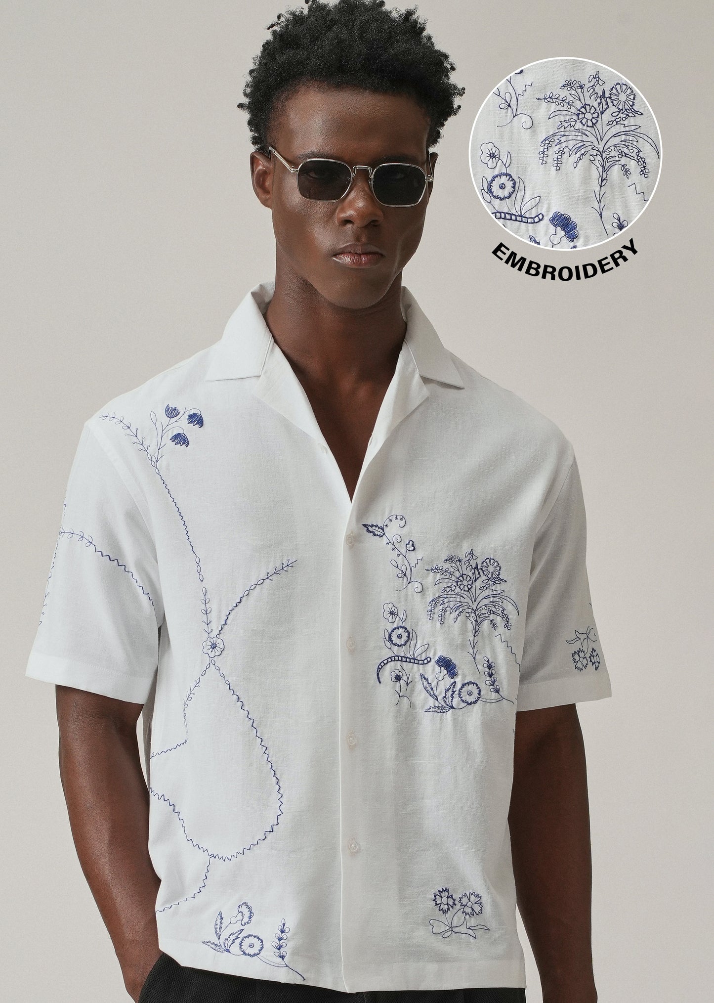 Blue Floral Embroidery Linen Shirt