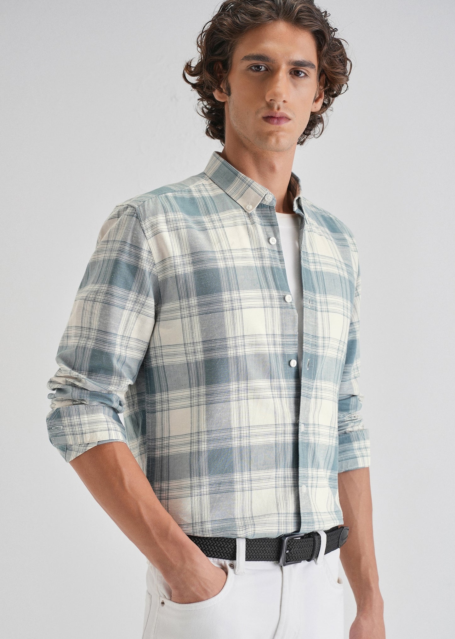 Blue Plaid Checked Cotton Linen Shirt