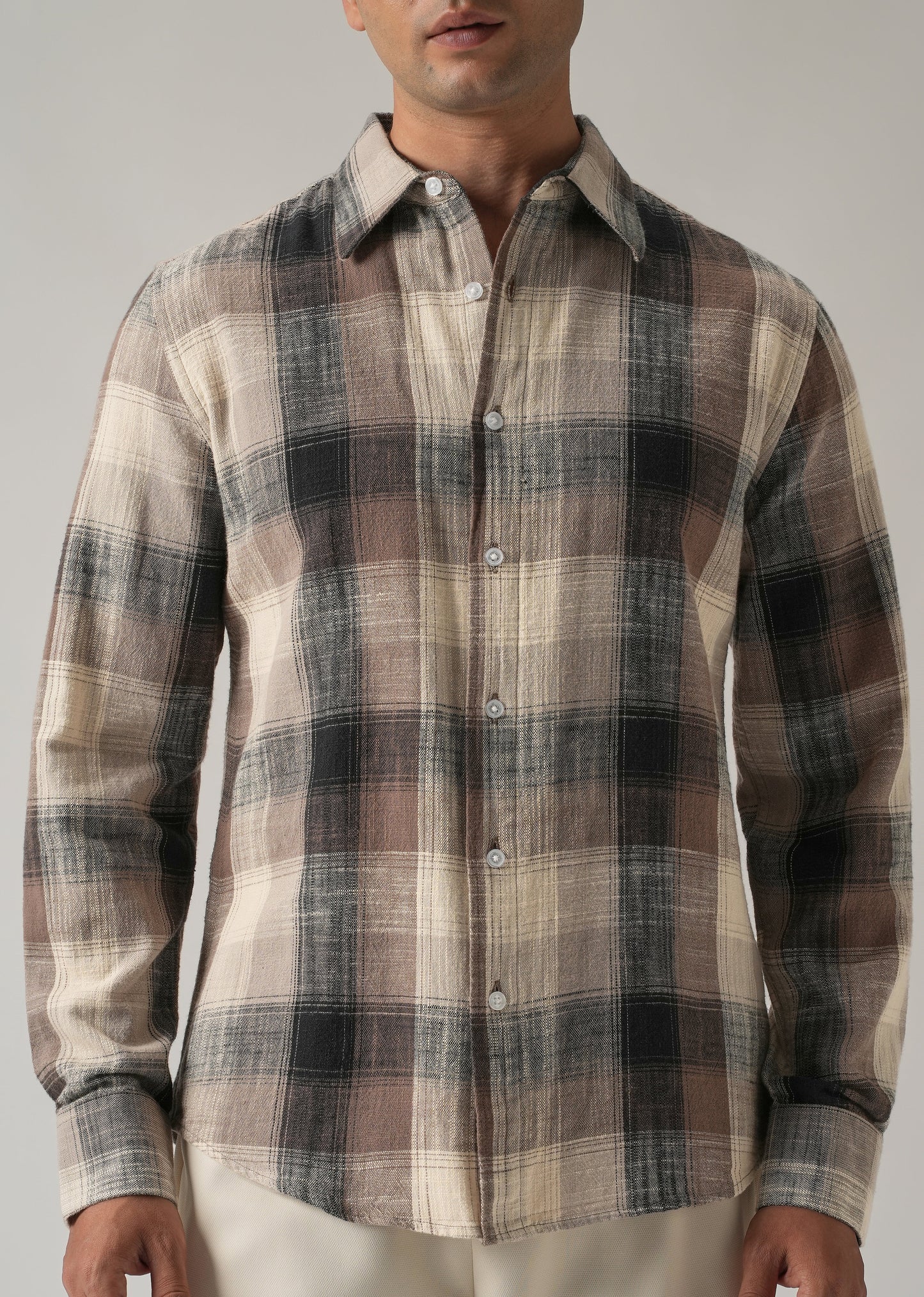 Brown Cotton Linen Box Check shirt