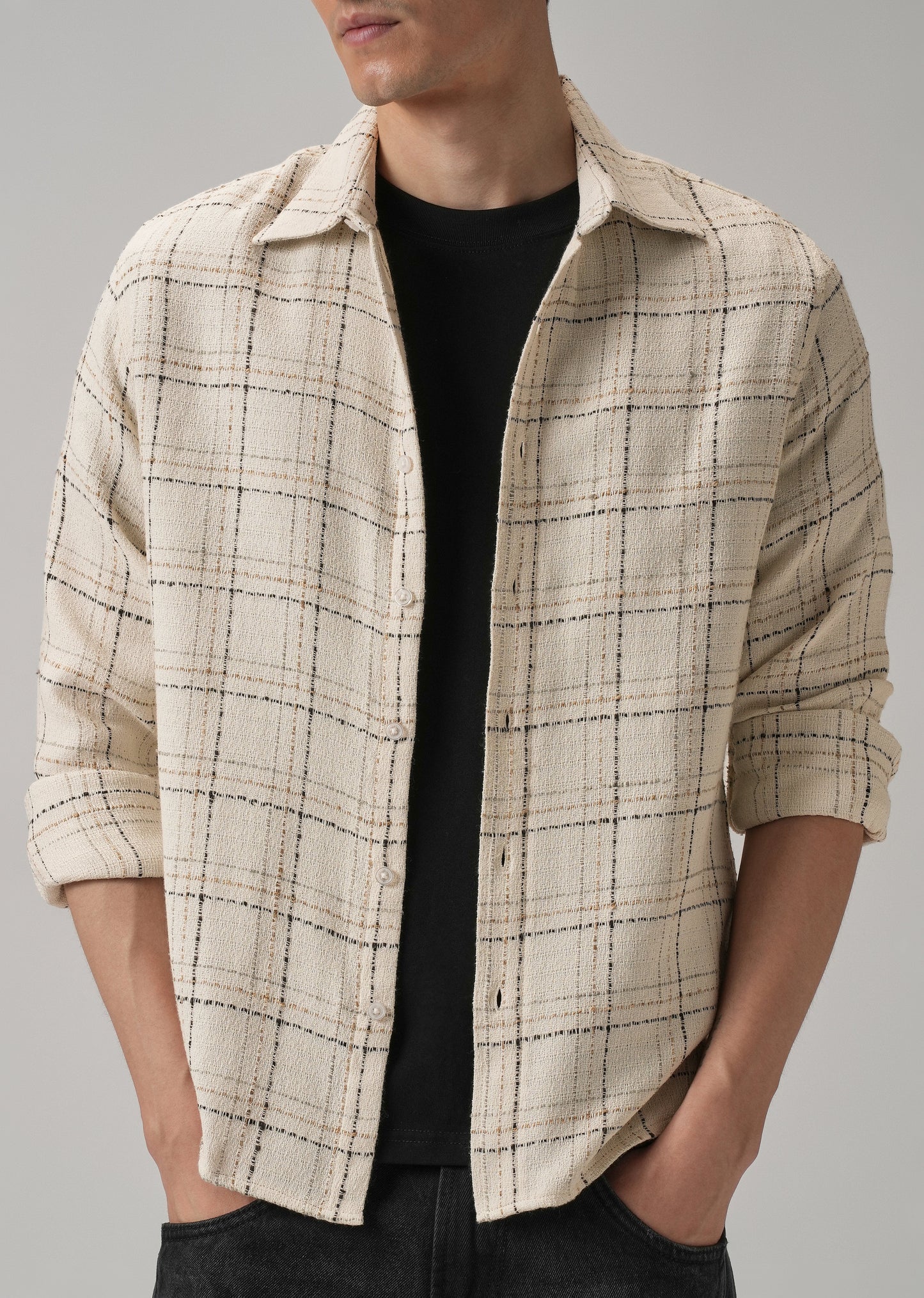 Cream Plaid Textured Cotton Check Shirt