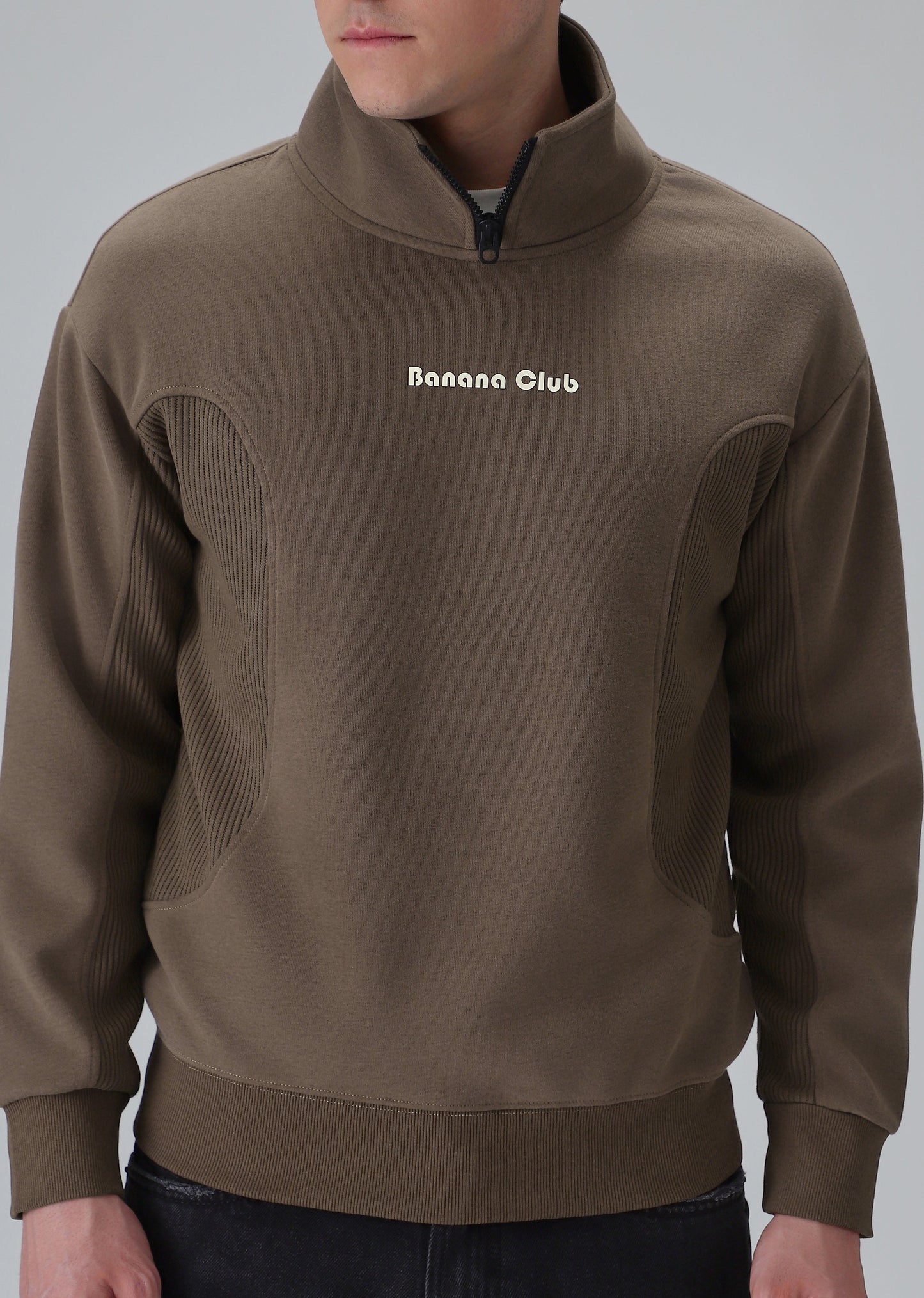 Cut and Sew Brown Zipper Sweatshirt