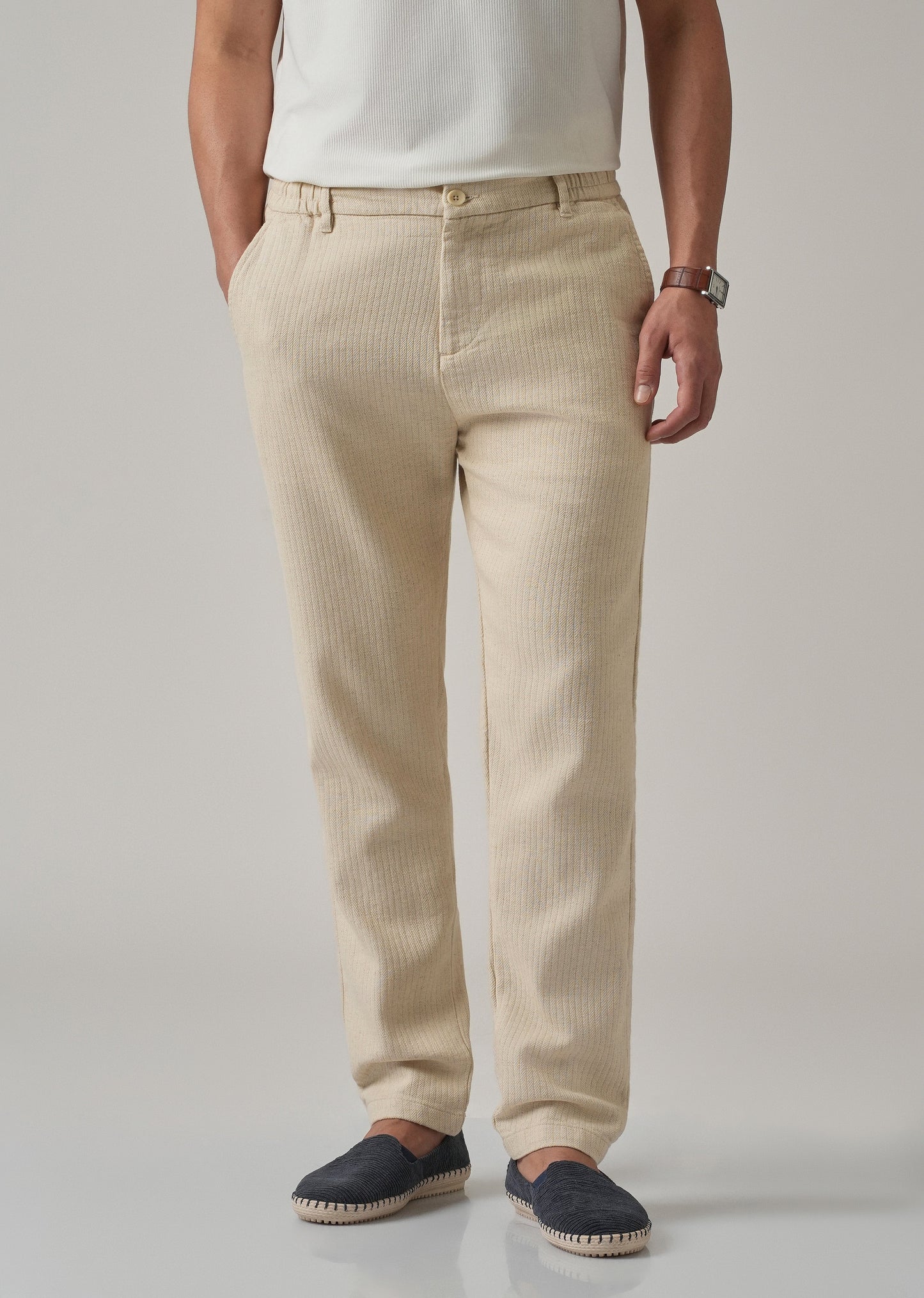 Dark Beige Stripe Blended Linen Pant