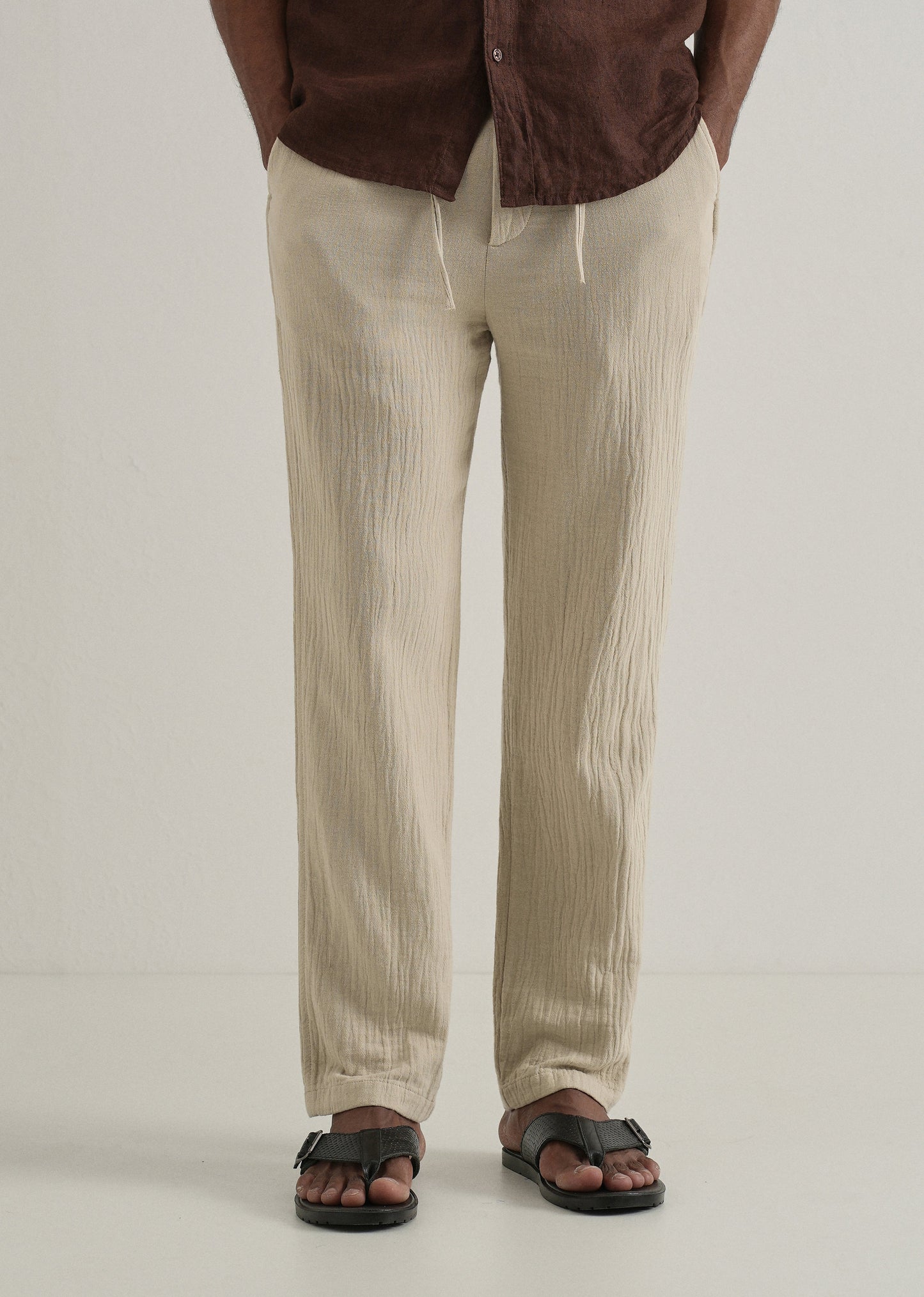 Dark Beige Crinkled Cotton Trouser