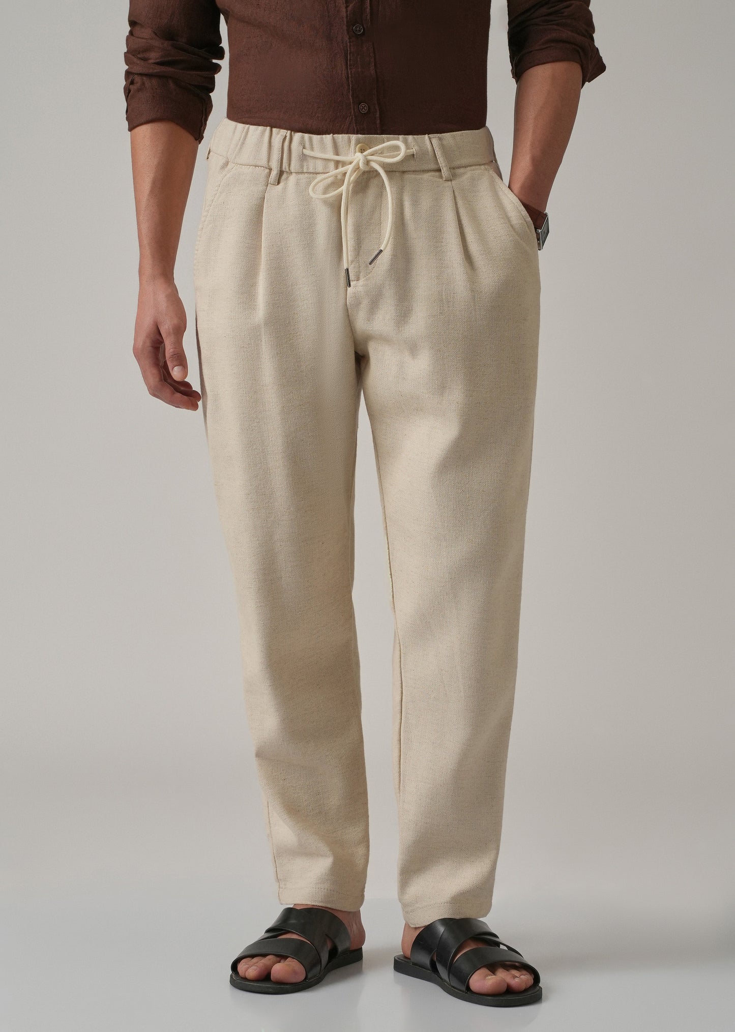 Ecru Beige Blended Linen Pant