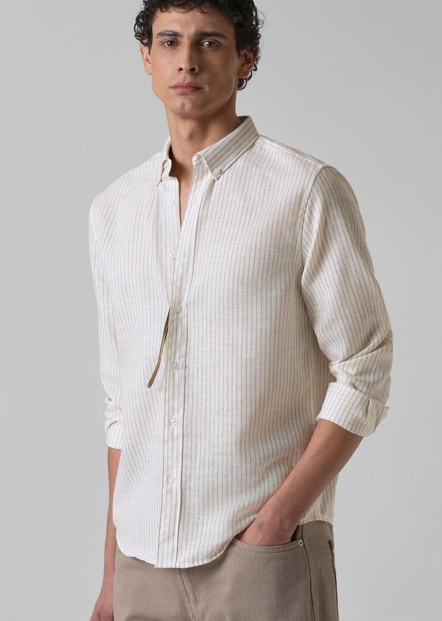 Elegant khaki Stripe Blended Linen shirt
