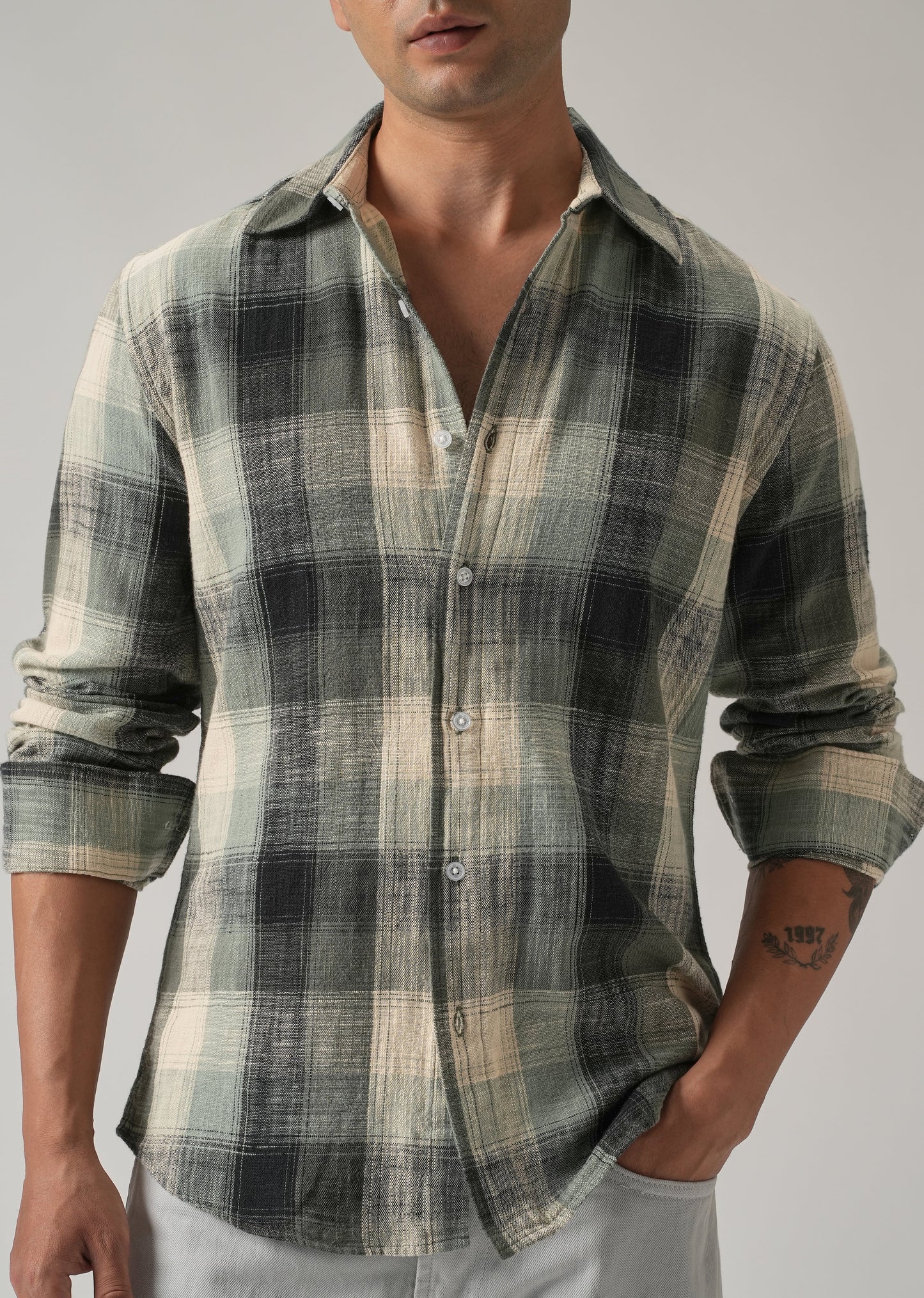 Green Cotton Linen Box Check shirt
