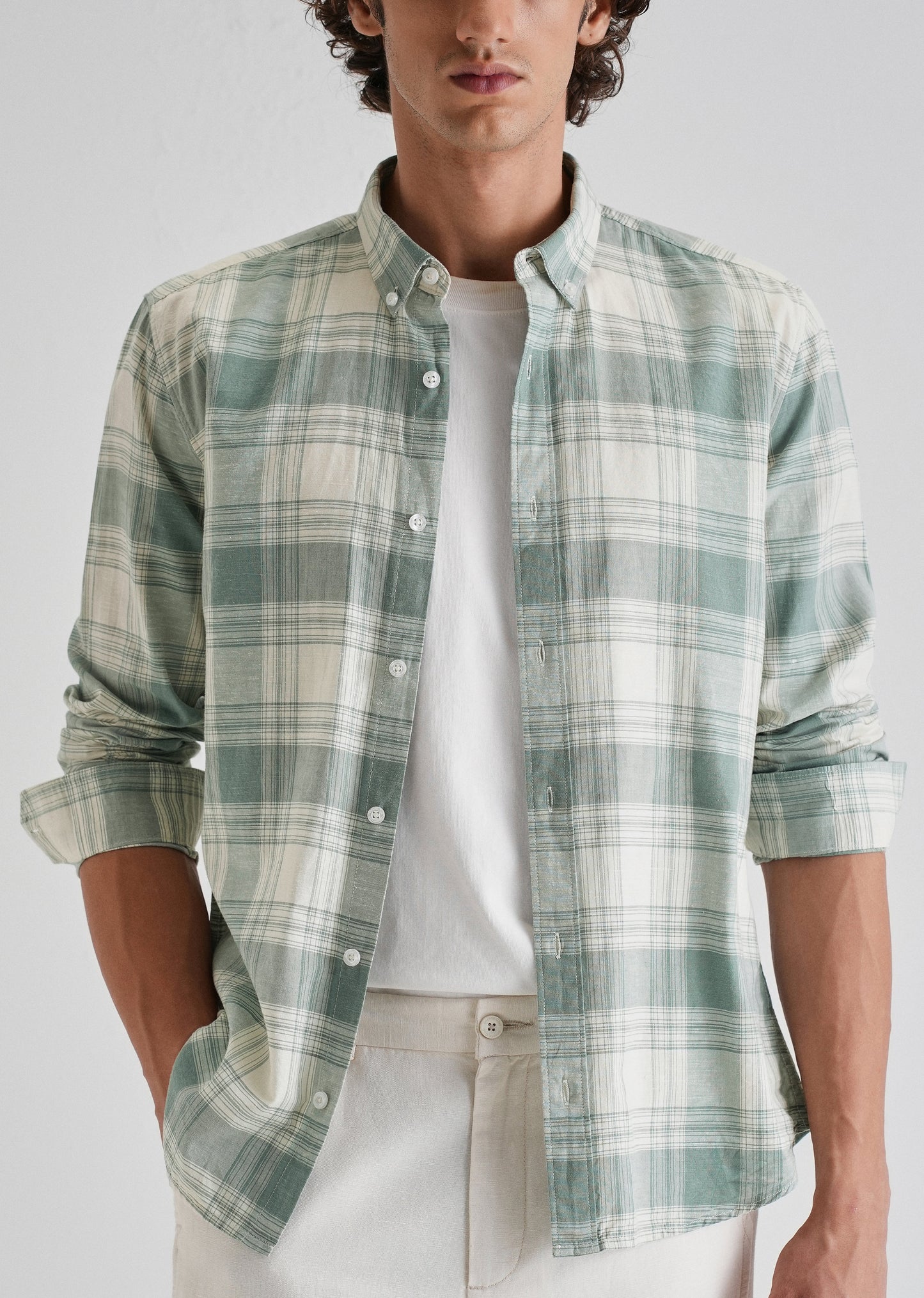 Green Plaid Checked Cotton Linen Shirt