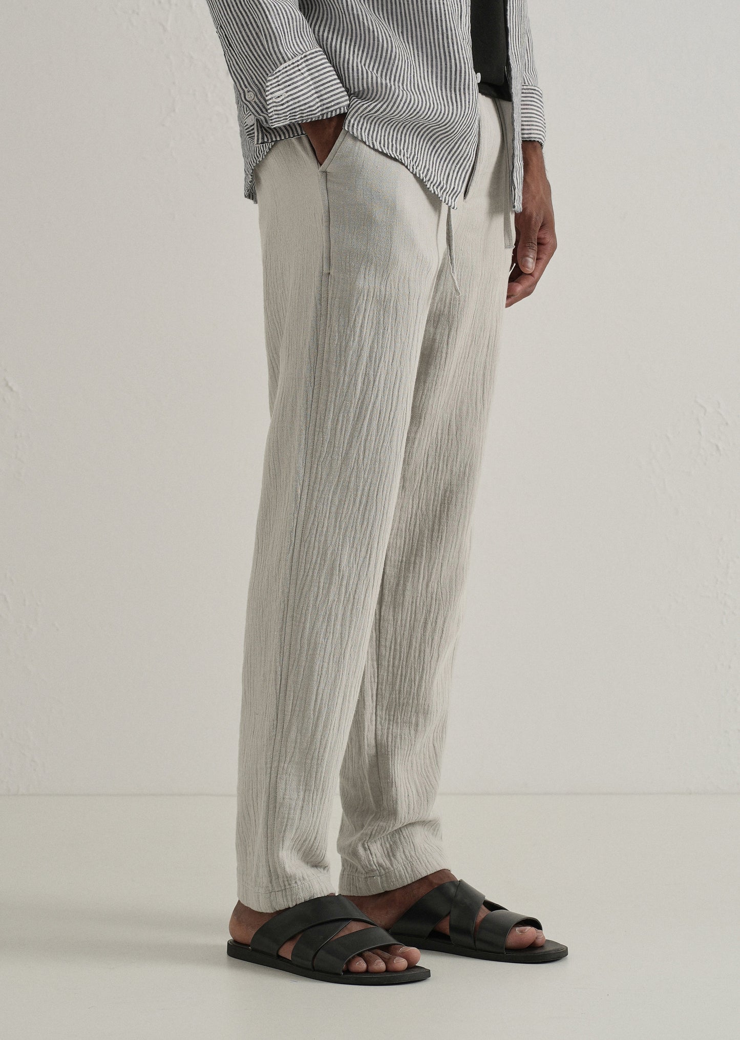 Grey Crinkled Cotton Trouser