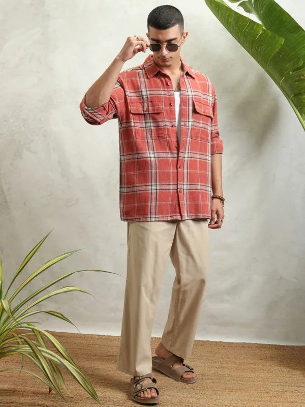 Highlander Men Rust Textured Dobby Checked Utlity Pocket Shirt