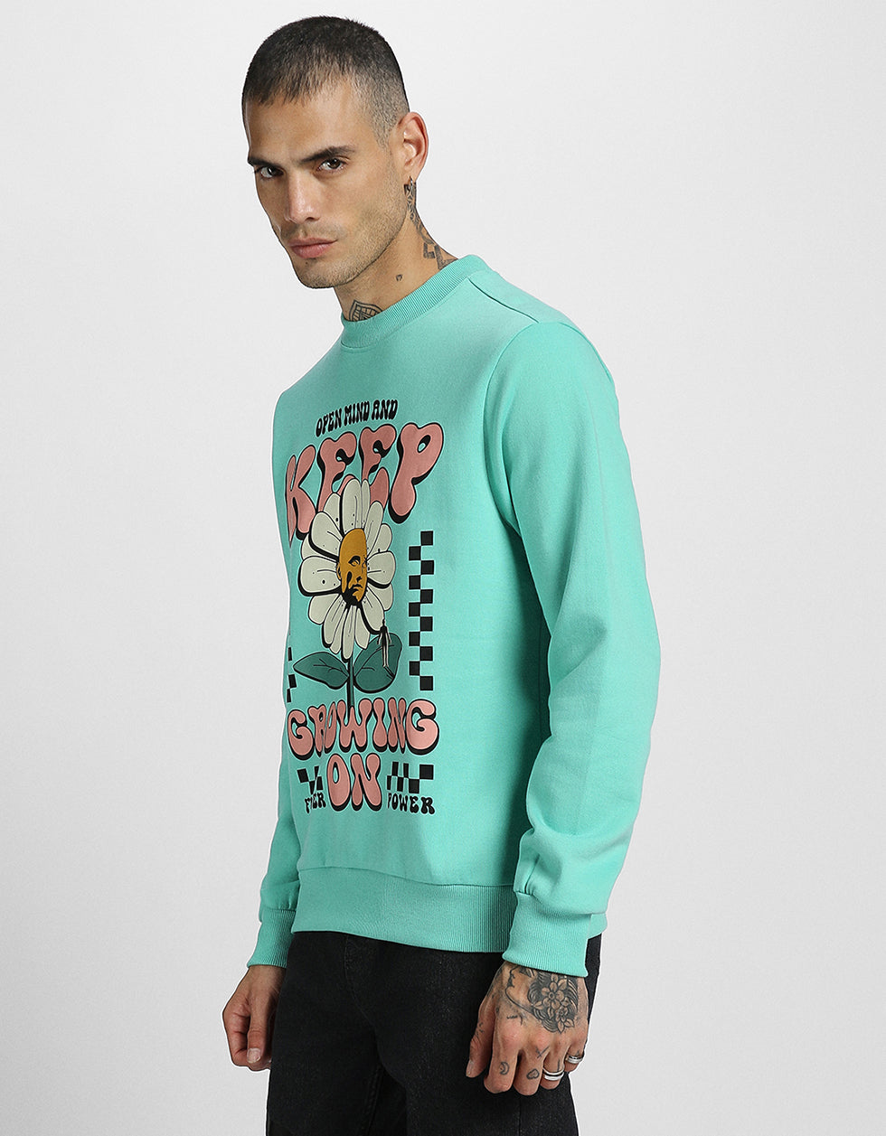 Keep Growing Green Front Printed Regular Fit Sweatshirt