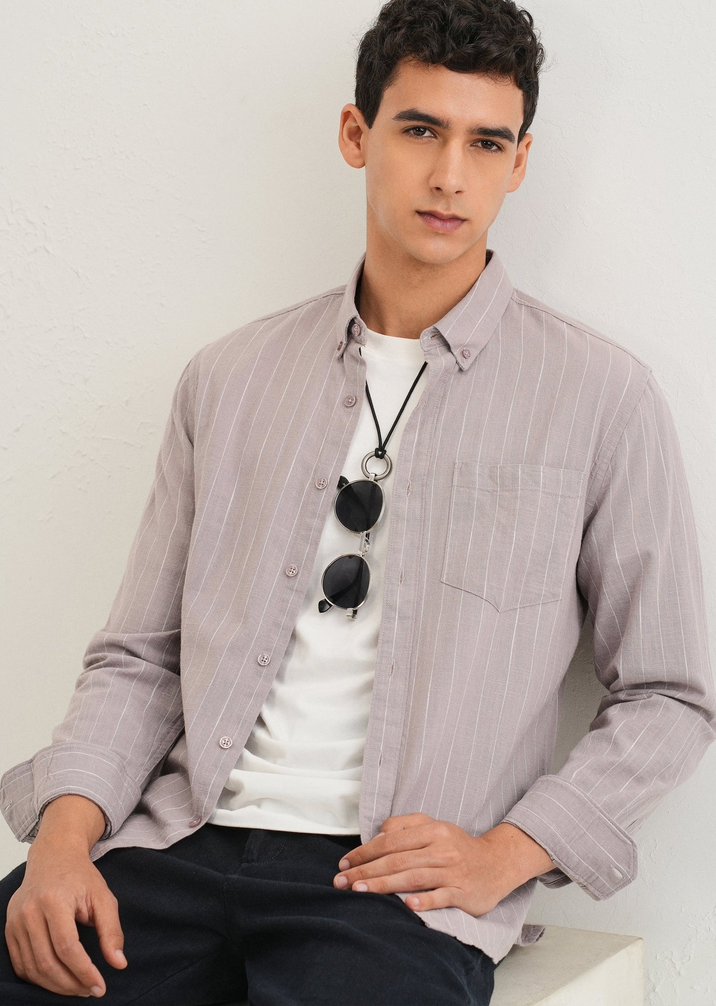 Lavender Gray Striped Cotton Linen Shirt