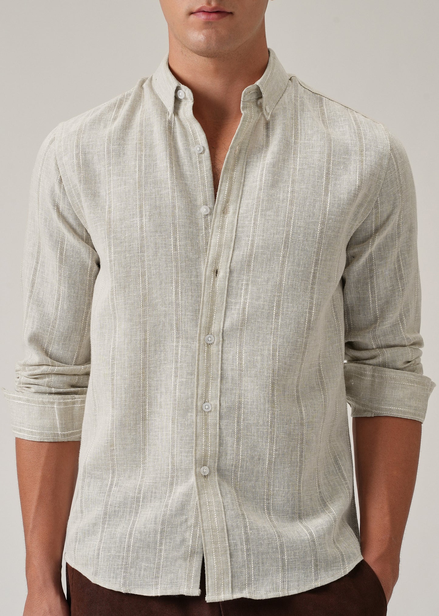 Light Taupe Stripe Blended Linen Shirt
