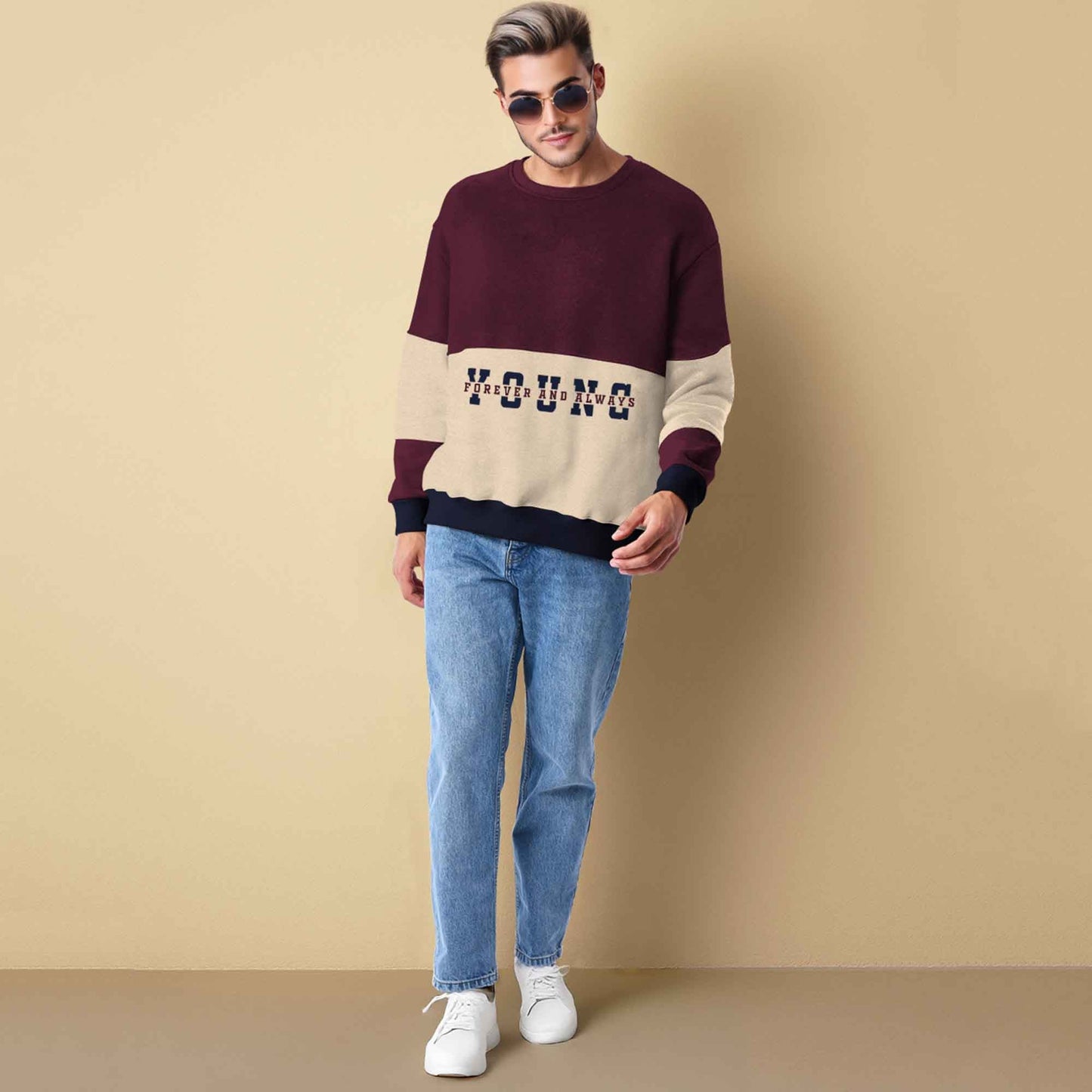 Trendy Round Neck Colorblock YOUNG Printed Maroon & Beige Sweatshirt