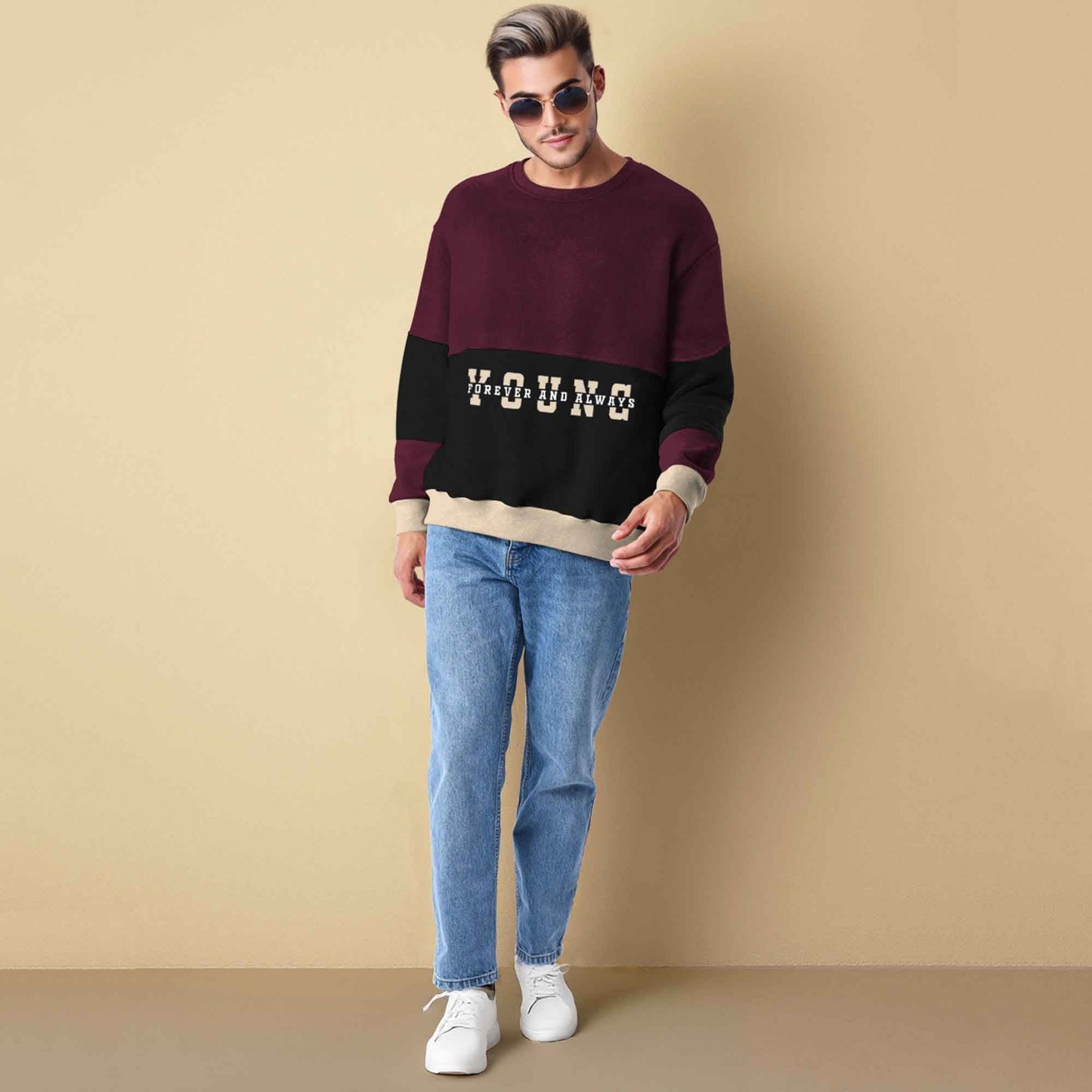 Trendy Round Neck Colorblock YOUNG Printed Maroon & Black Sweatshirt