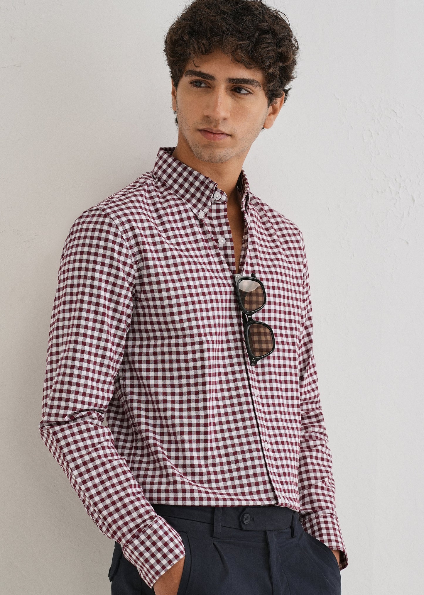 Maroon Gingham Check Cotton Oxford Shirt