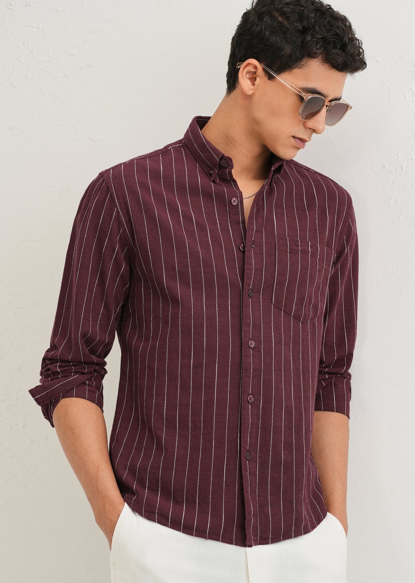 Maroon Striped Cotton Linen Shirt