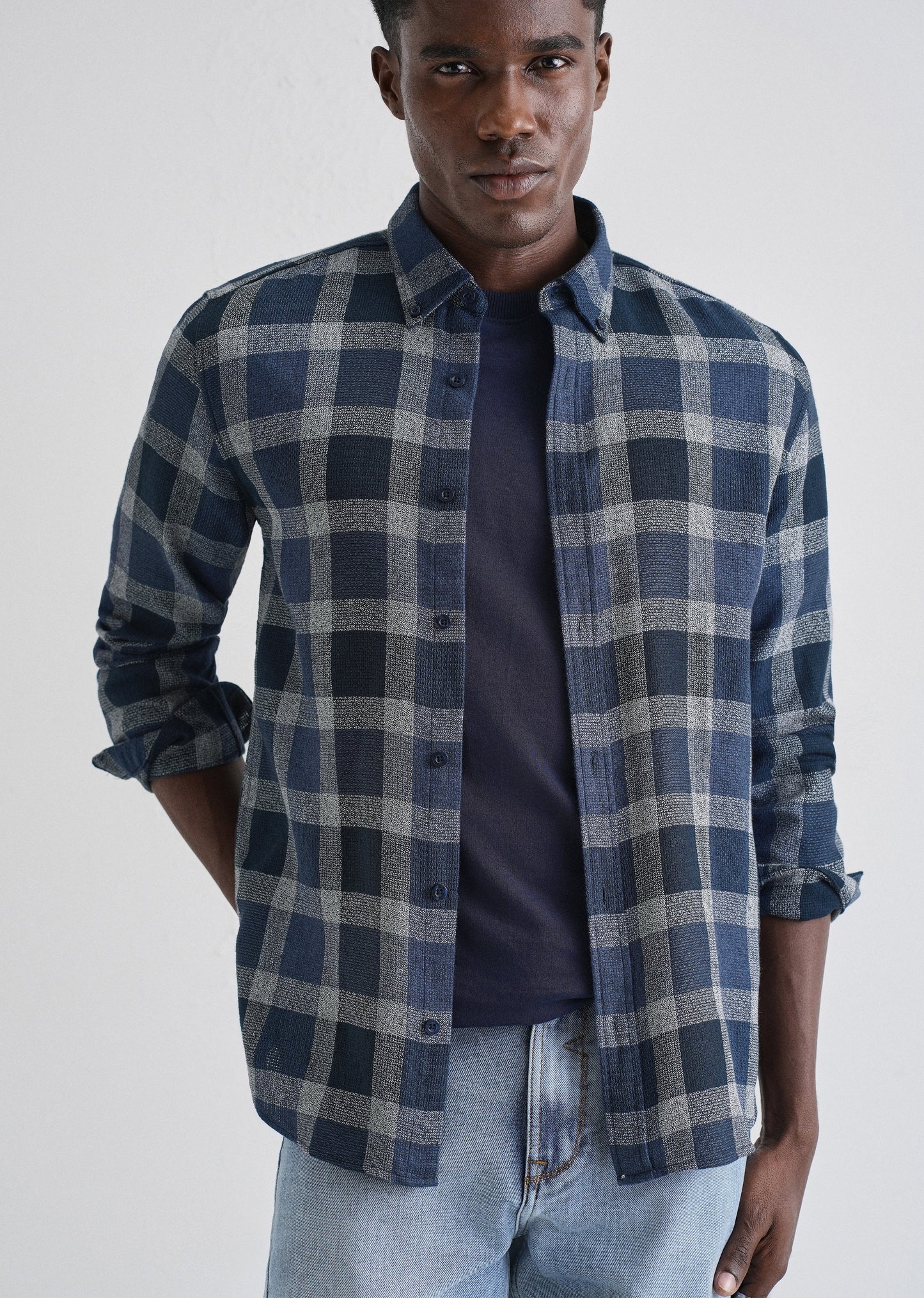 Melange Square Grid Blue Check Shirt