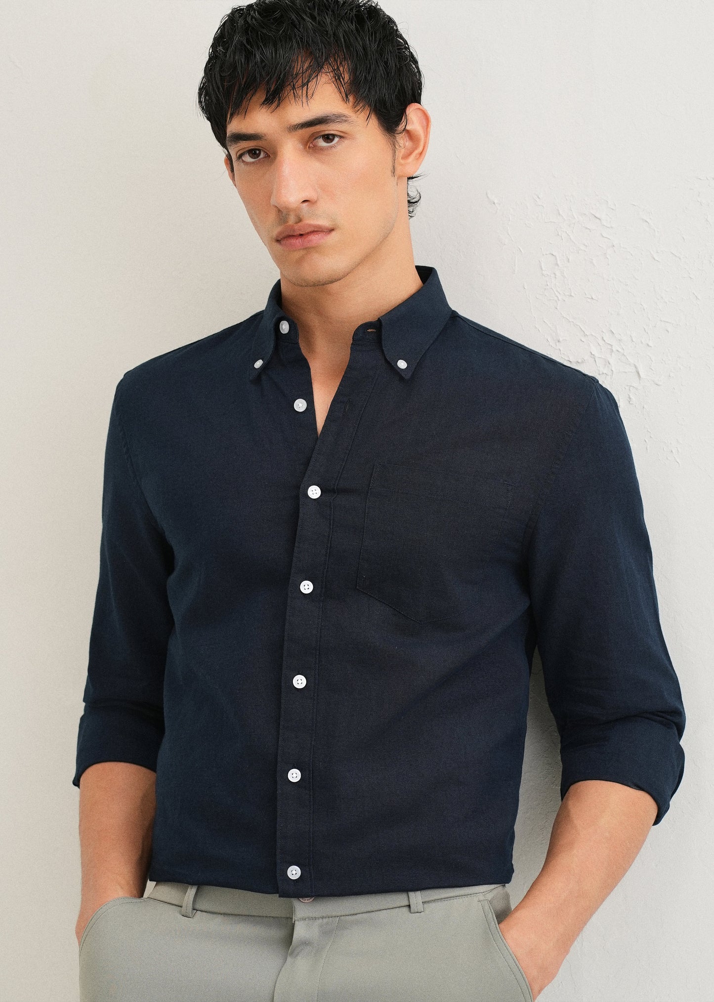 Midnight Navy Blue Cotton Linen Shirt