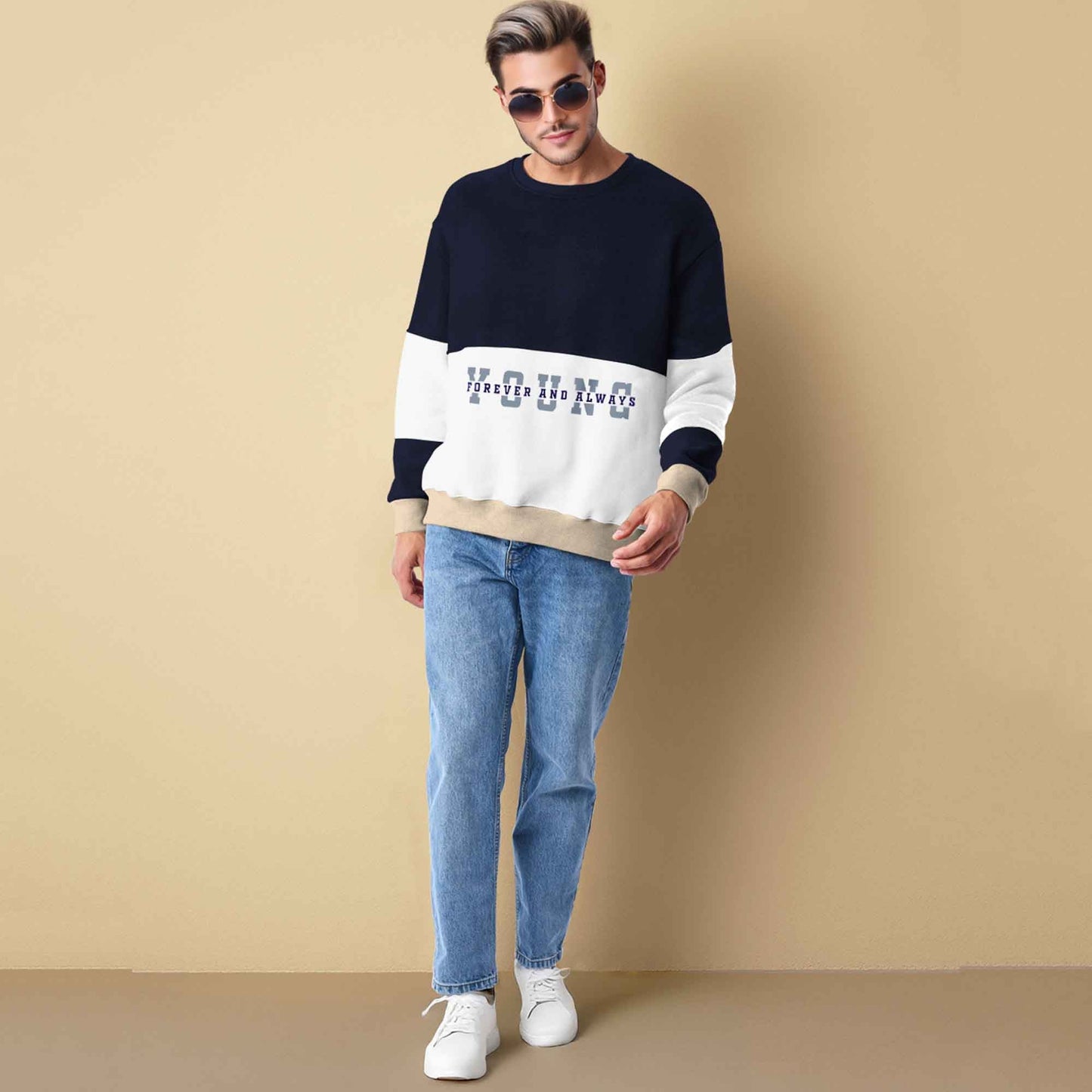 Trendy Round Neck Colorblock YOUNG Printed Navy & White Sweatshirt