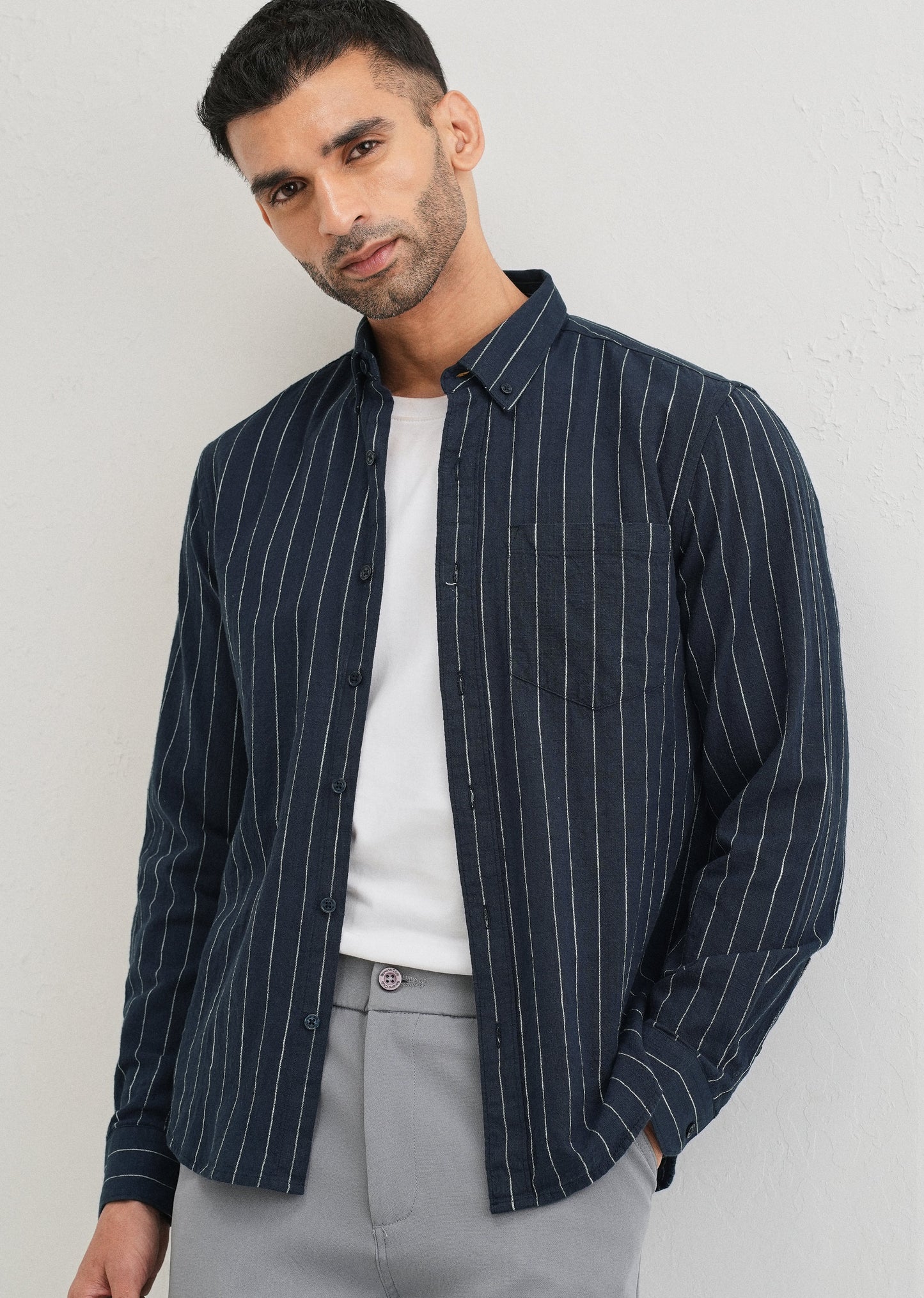 Navy Blue Striped Cotton Linen Shirt