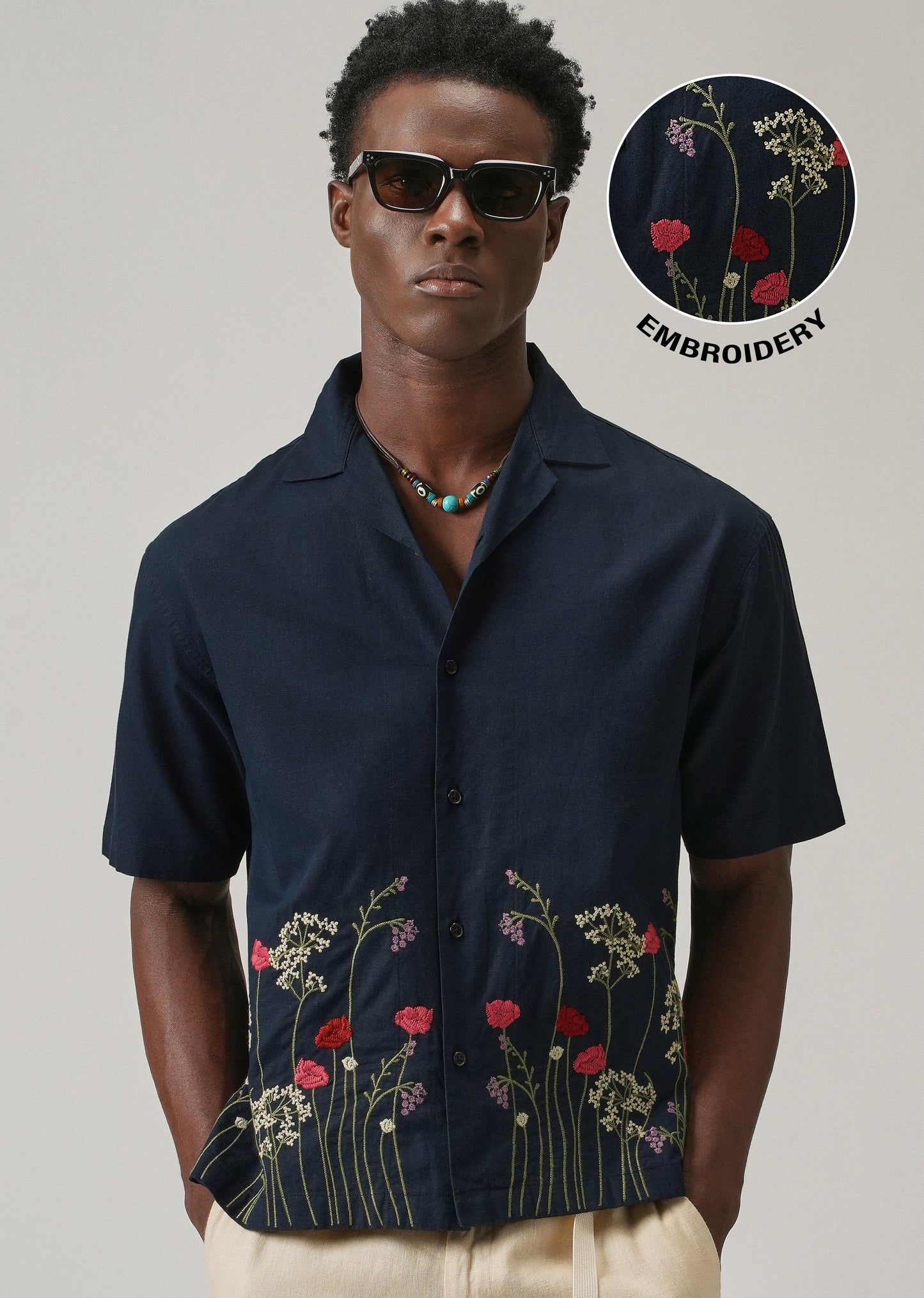 Navy Blue Floral Embroidery Linen Shirt