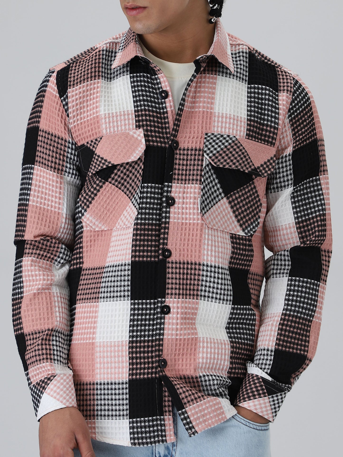 Peach Waffle Plaid Check Shirt