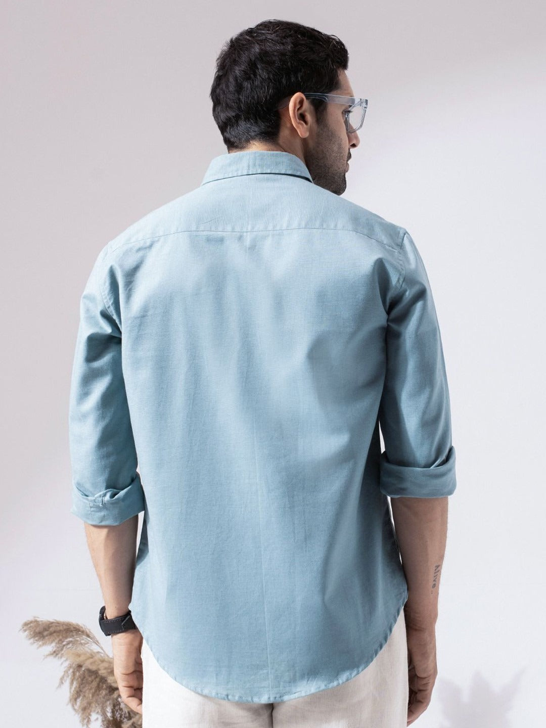 Perch Men Sky Blue Linen Cotton Button Down Solid Shirt