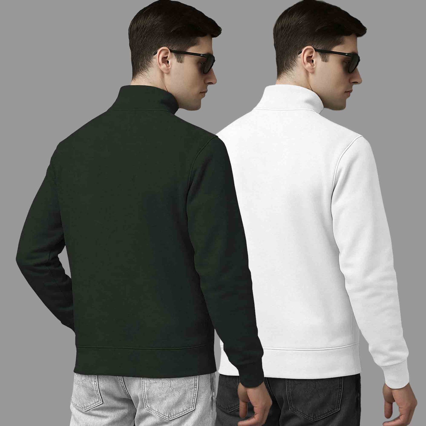 (Pack Of 2) High Neck Olive & White Plain Sweatshirts