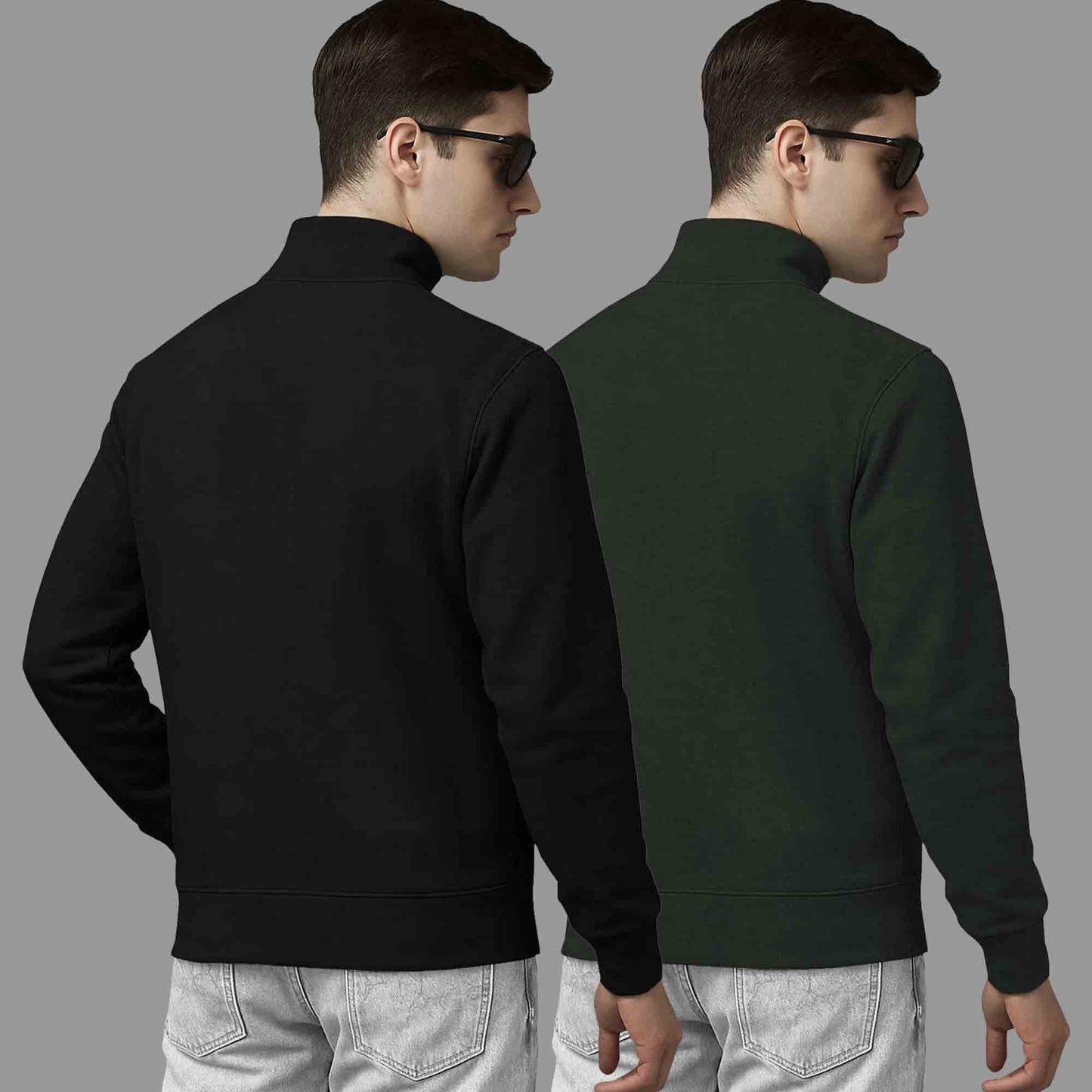 (Pack Of 2) High Neck Black & Olive Plain Sweatshirts