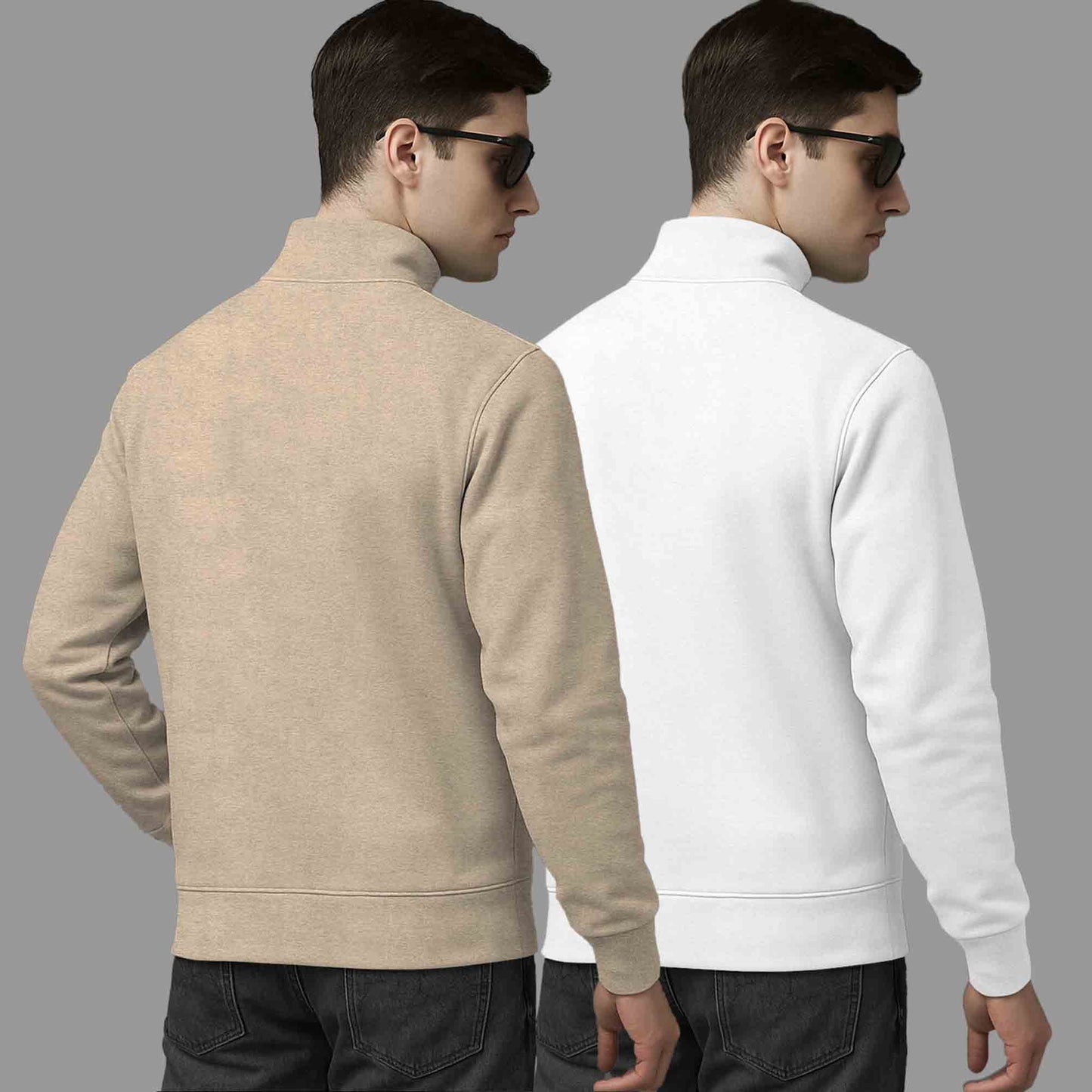 (Pack Of 2) High Neck Beige & White Plain Sweatshirts
