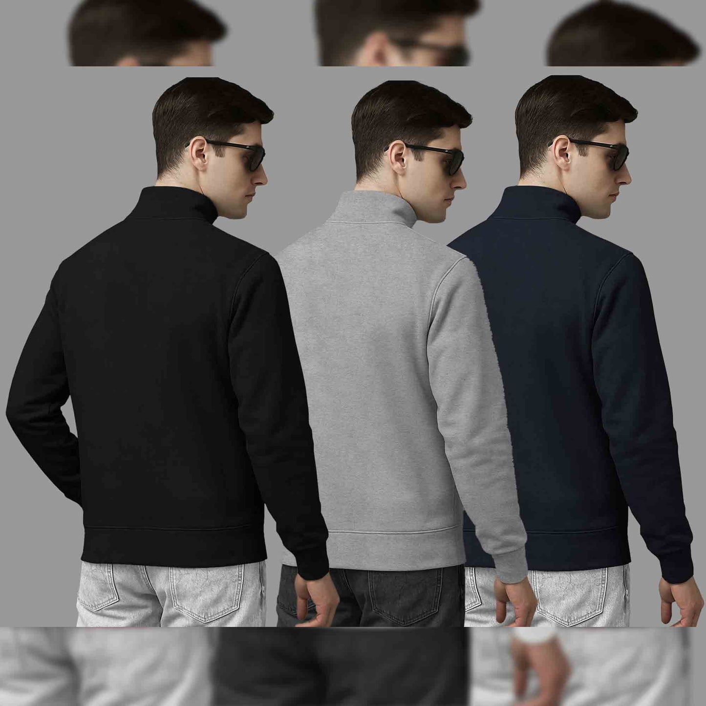 (Pack Of 3) Mens High Neck Sweatshirts Black-Grey- Navy