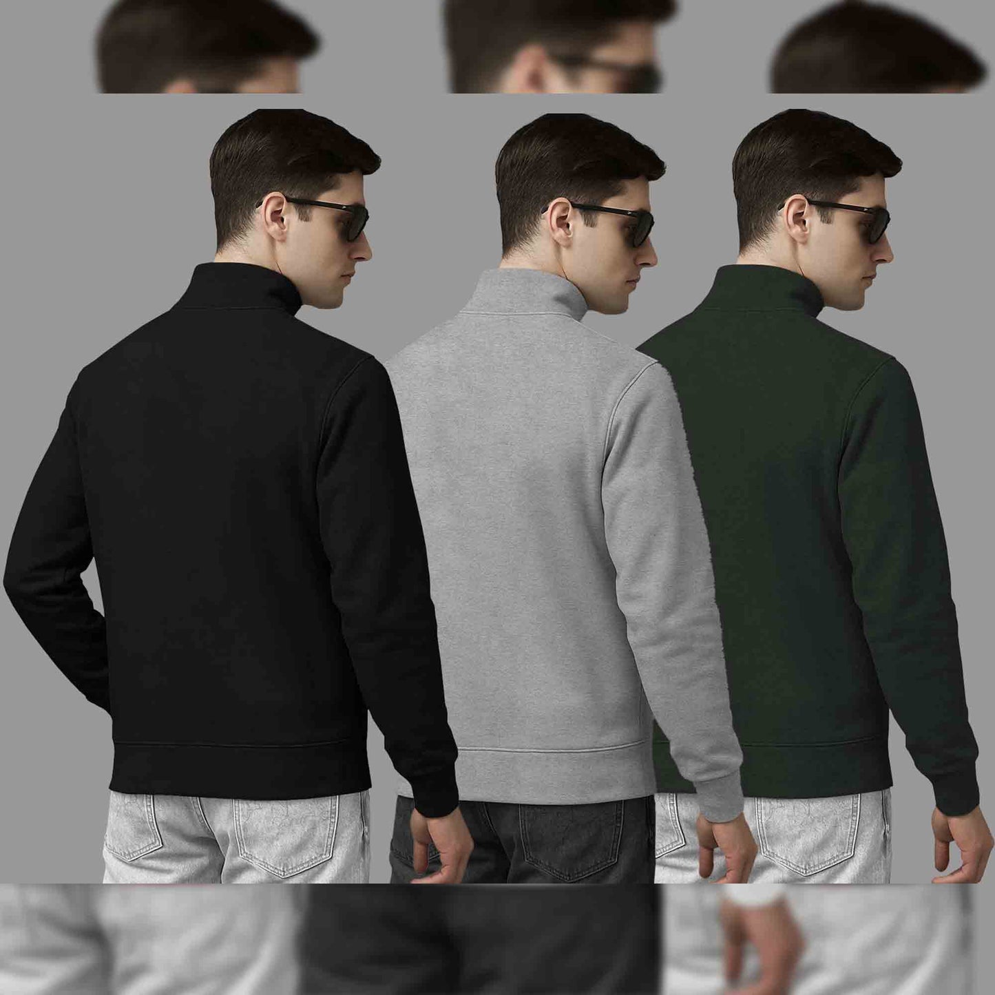 (Pack Of 3) Mens High Neck Sweatshirts Black-Grey-Olivegreen