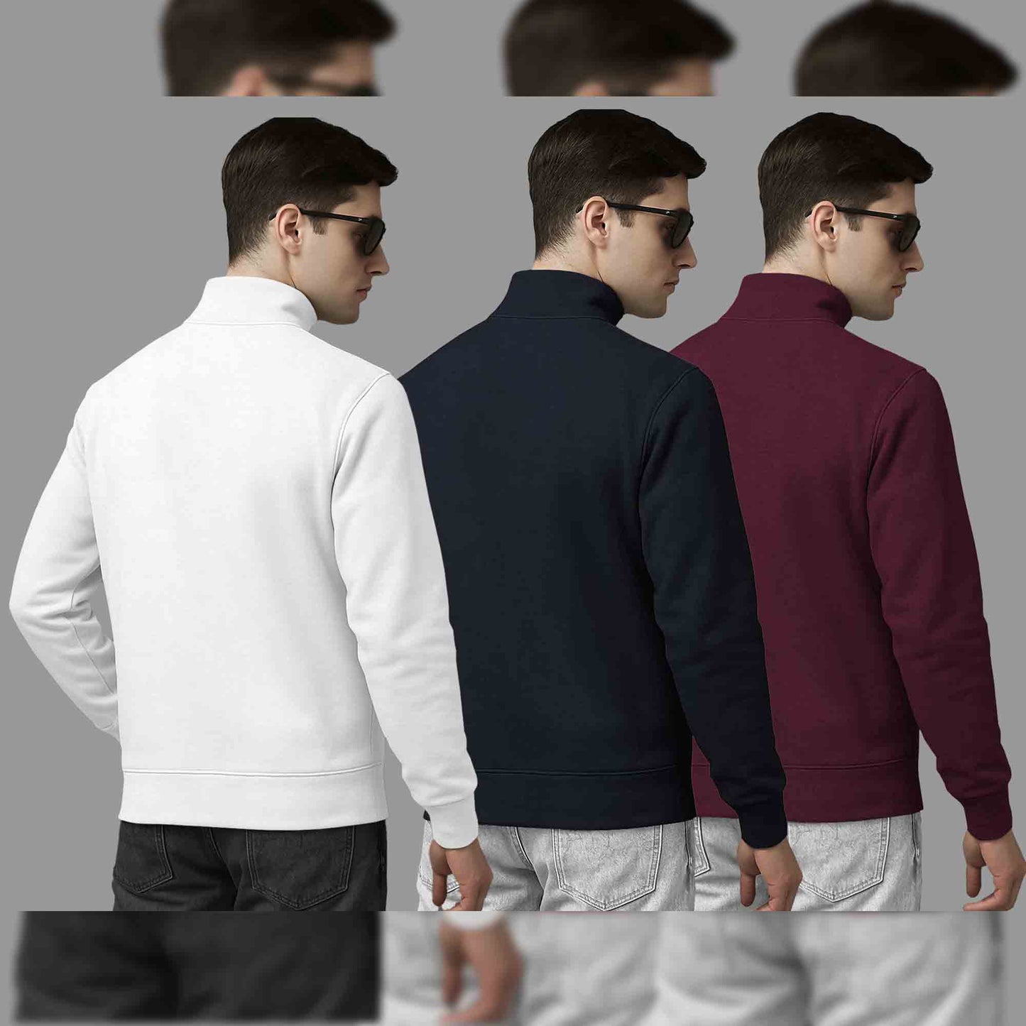 (Pack Of 3) Mens High Neck Sweatshirts White- Navy-Maroon