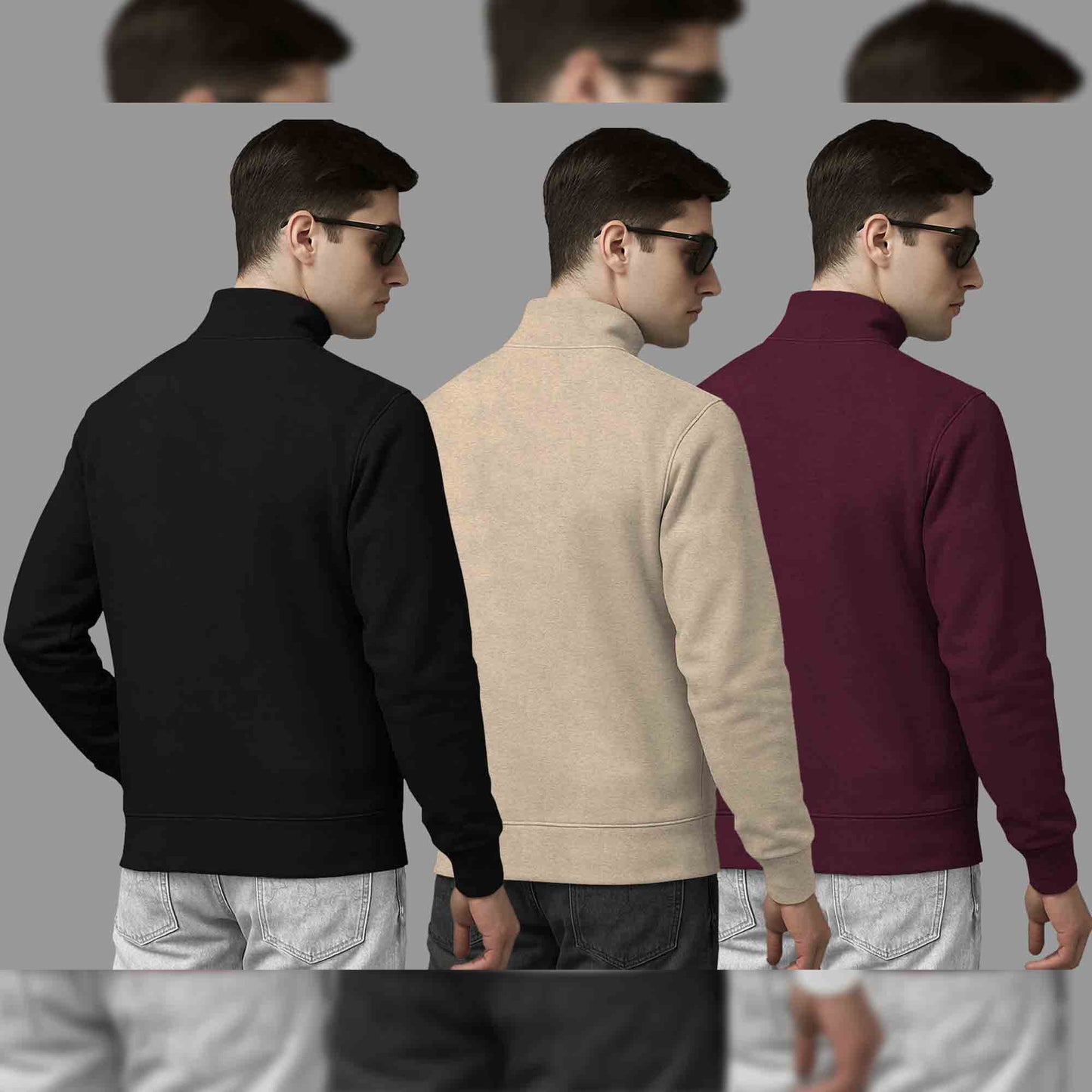 (Pack Of 3) Mens High Neck Sweatshirts Black-Beige-Maroon