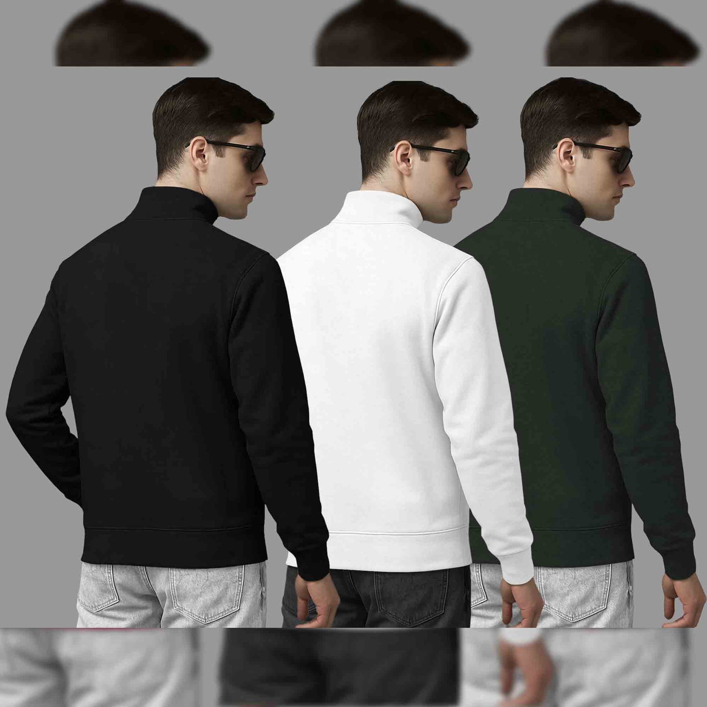 (Pack Of 3) Mens High Neck Sweatshirts Black-White-Olive